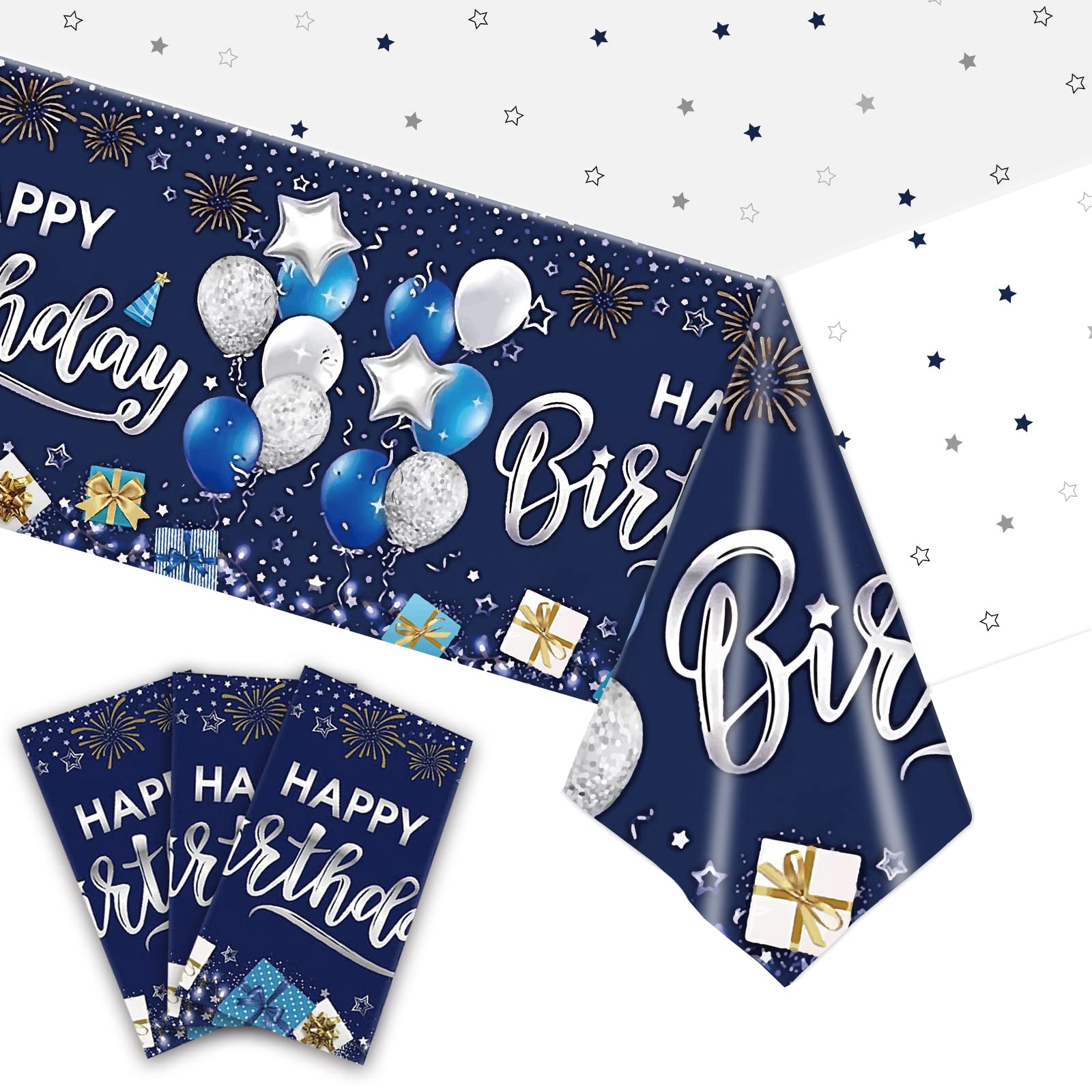 Kesfey Happy Birthday Tablecloths 3 Packs - Navy Blue and Silver Tablecover 54 x 108 Inch Print Firework, Balloon Waterproof Party Supplies for Themed