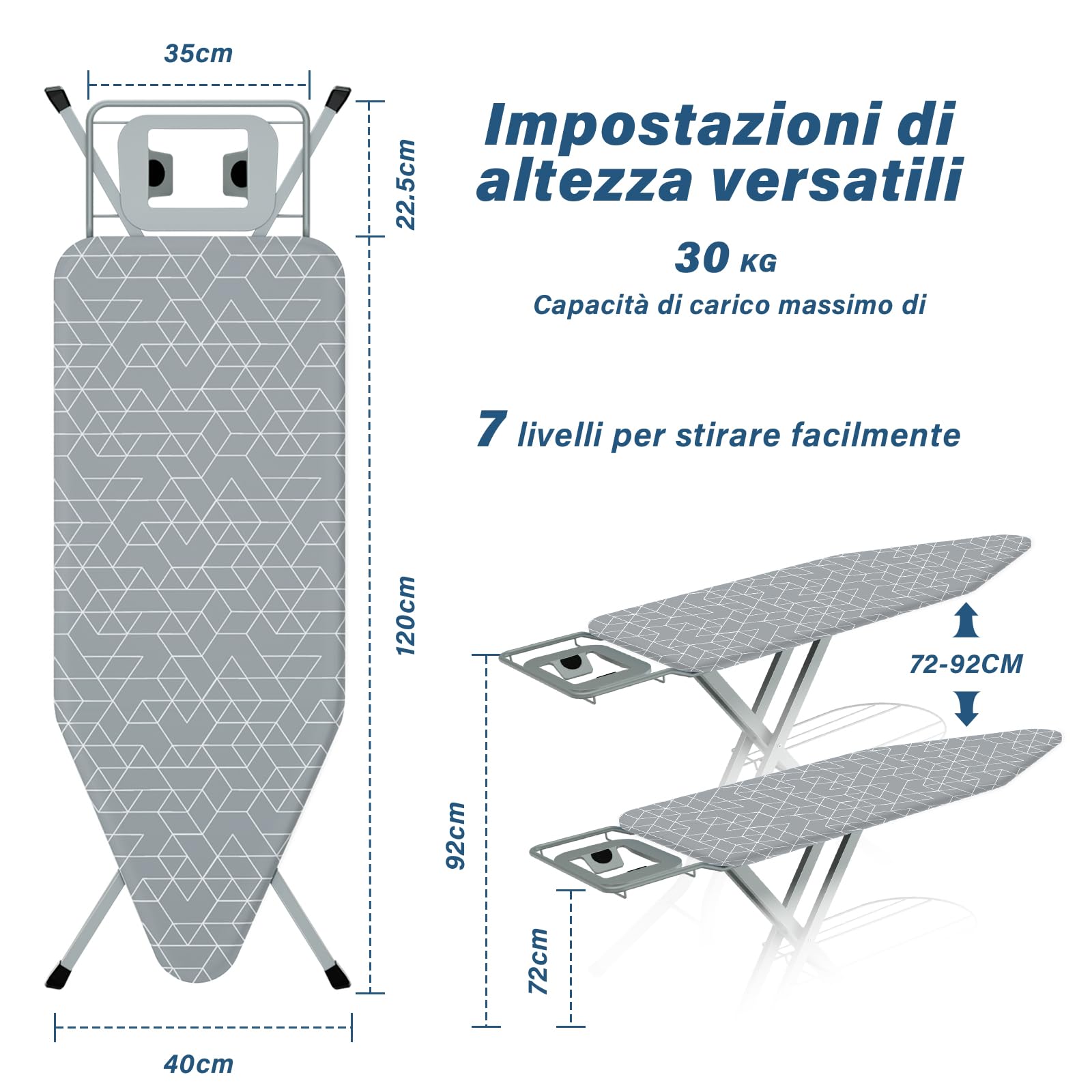 STANEW Table a Repasser 120 x 45 cm,Planche a Repasser Pliable,pour Centrale Vapeur,Système Anti-Fermeture,Hauteur Réglable,avec Housse en 100% Coton,Support de Fer Intégré, Pieds Antidérapants(Gris)