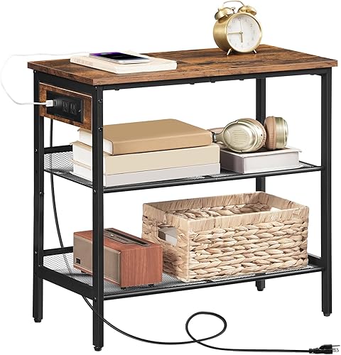 Miniatura 8 de HOOBRO Mesa auxiliar, mesa auxiliar estrecha de 3 niveles con estación de carga, mesita de noche con 2 estantes planos o inclinados ajustables para