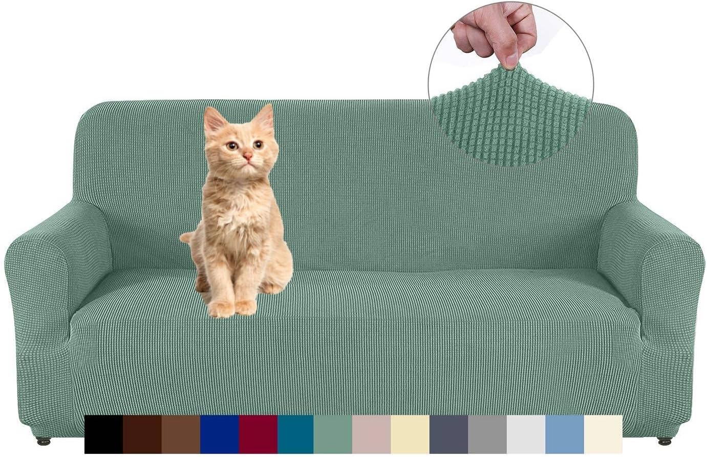 AUJOY Loveseat Cover Stretch 1-Piece Couch Slipcover for 2 Cushion Couch Jacquard Spandex Fabric Sofa Furniture Protector with Anti-Slip Foams (Loveseat, Matcha Green, Medium)