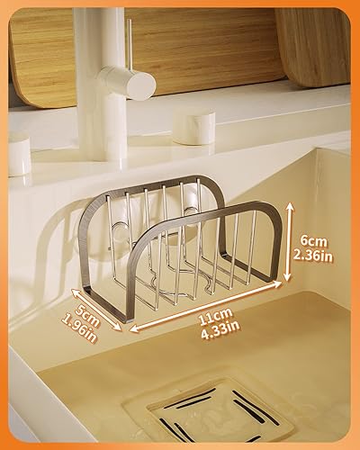 Miniatura 7 de SWTYMIKI Soporte de esponja para fregadero de cocina, soporte de esponja de fregadero móvil con ventosas de acero inoxidable para fregadero de acero