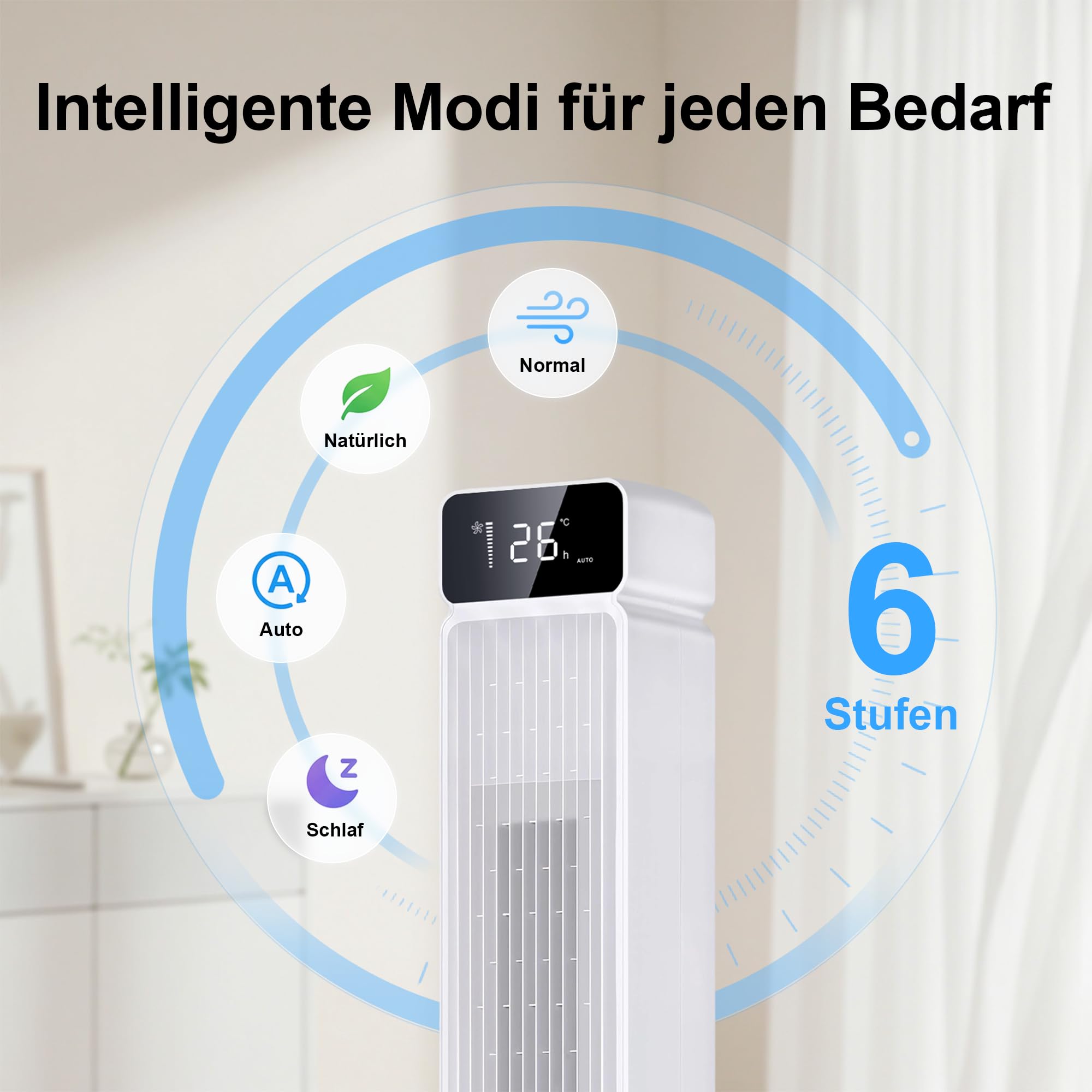 Turmventilator Sehr Leise, 7,3 m/s Starkwind & 30 dB Nachtmodus Ventilator Leise, 90° Oszillation, 6 Stufen, 12H Timer, Standventilator mit fernbedienung für Schlafzimmer, Büro