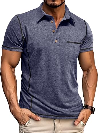 Mens Casual Polo Shirts Classic Short Sleeve Basic Button T-Shirt Lightweight Golf Tops with Pocket