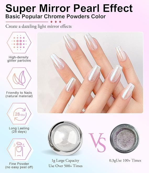 White Pearl Chrome Nail Powder - 2 Pcs Mirror Effect Aurora Magic Pearlescent Nail Jewelry Mirror Glitter Nail Chrome Powders Holographic Pigment, Mermaid Pearl Aurora Dust Nail Powder