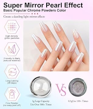 White Pearl Chrome Nail Powder - 2 Pcs Mirror Effect Aurora Magic Pearlescent Nail Jewelry Mirror Glitter Nail Chrome Powders Holographic Pigment, Mermaid Pearl Aurora Dust Nail Powder