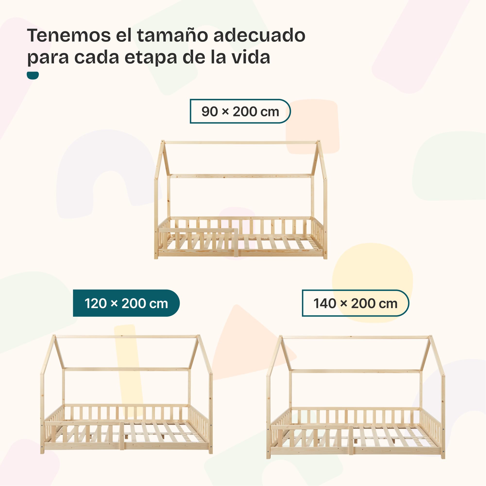 [en.casa] Cama para Niños Hesel Decorativa Cama Infantil Individual con Somier y Barandilla Estructura en Forma de Casa Estilo Montessori Madera de Pino 120 x 200 cm - Efecto Madera