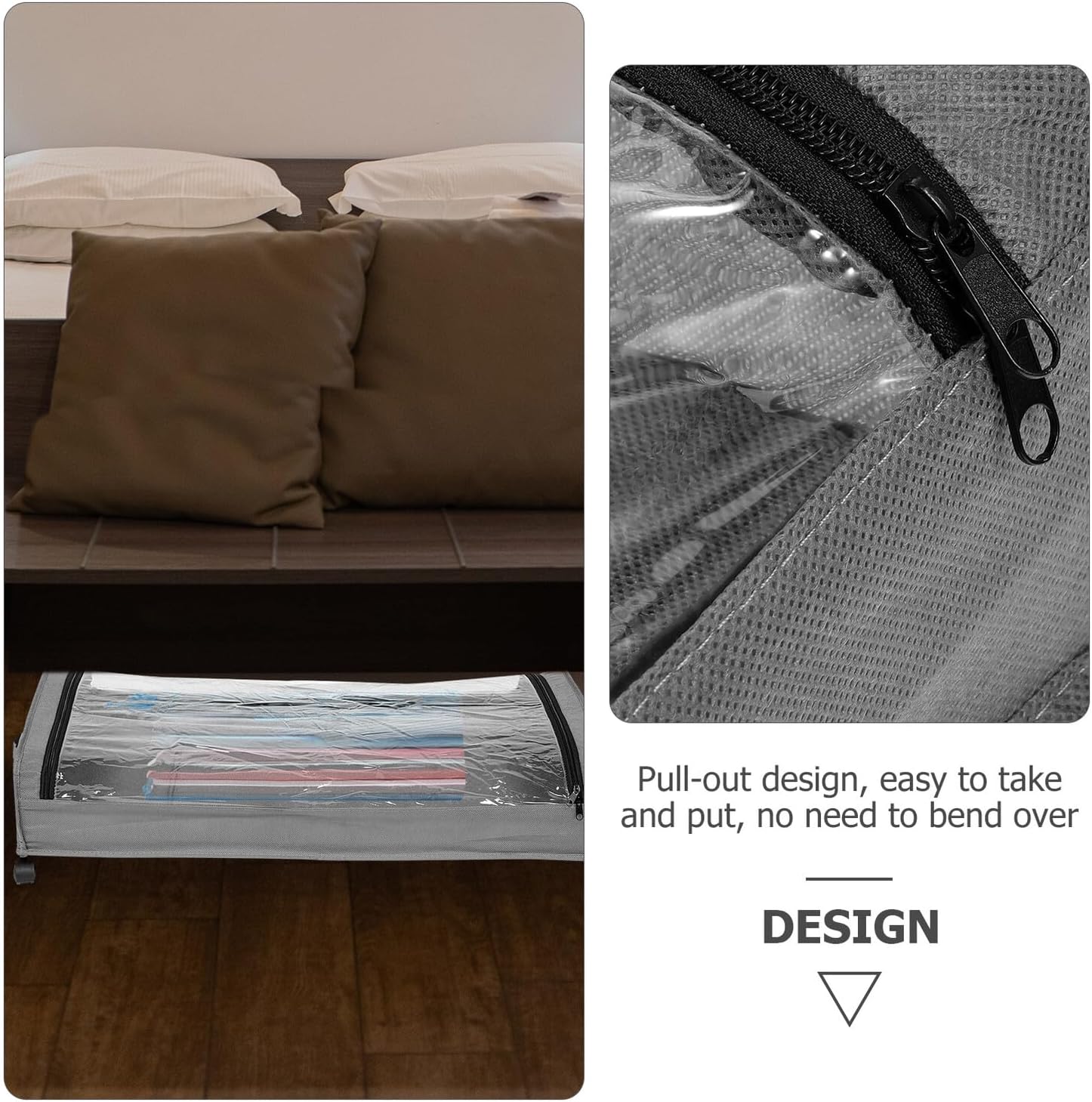 Bed Storage Organizer with Wheels and Lid Rolling Clothes and Shoe Storage Rack with Grey Fabric Base Space Saving for Bedroom and Closet