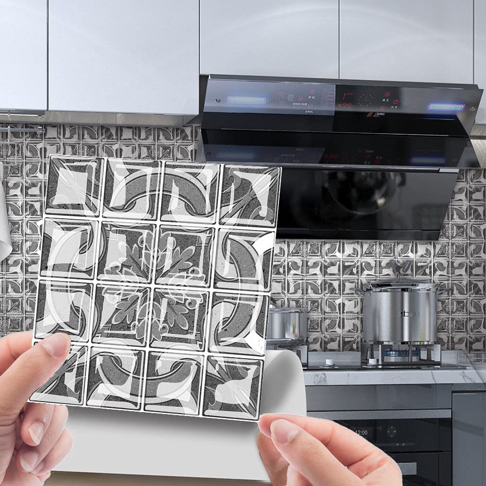 30pcs Wall Tile Stickers, Hiser Square Moroccan Victorian Retro Mosaic Style Waterproof Decals Sticker for Kitchen Living Room Bathroom Home Floor DIY Decor Self-Adhesive (10x10cm,grey)