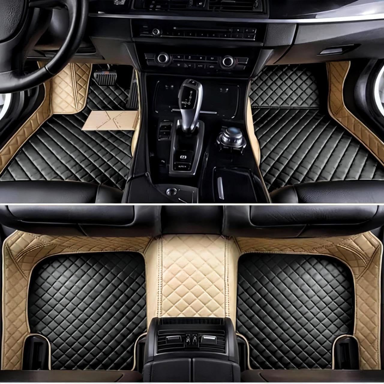 Custom Luxury Car Floor Mats Suitable for All Sedans, Sports Cars,SUV, Business Vehicles, Trucks, Waterproof and Anti Slip Fully Covered Leather Floor Mats (Beige and Black)