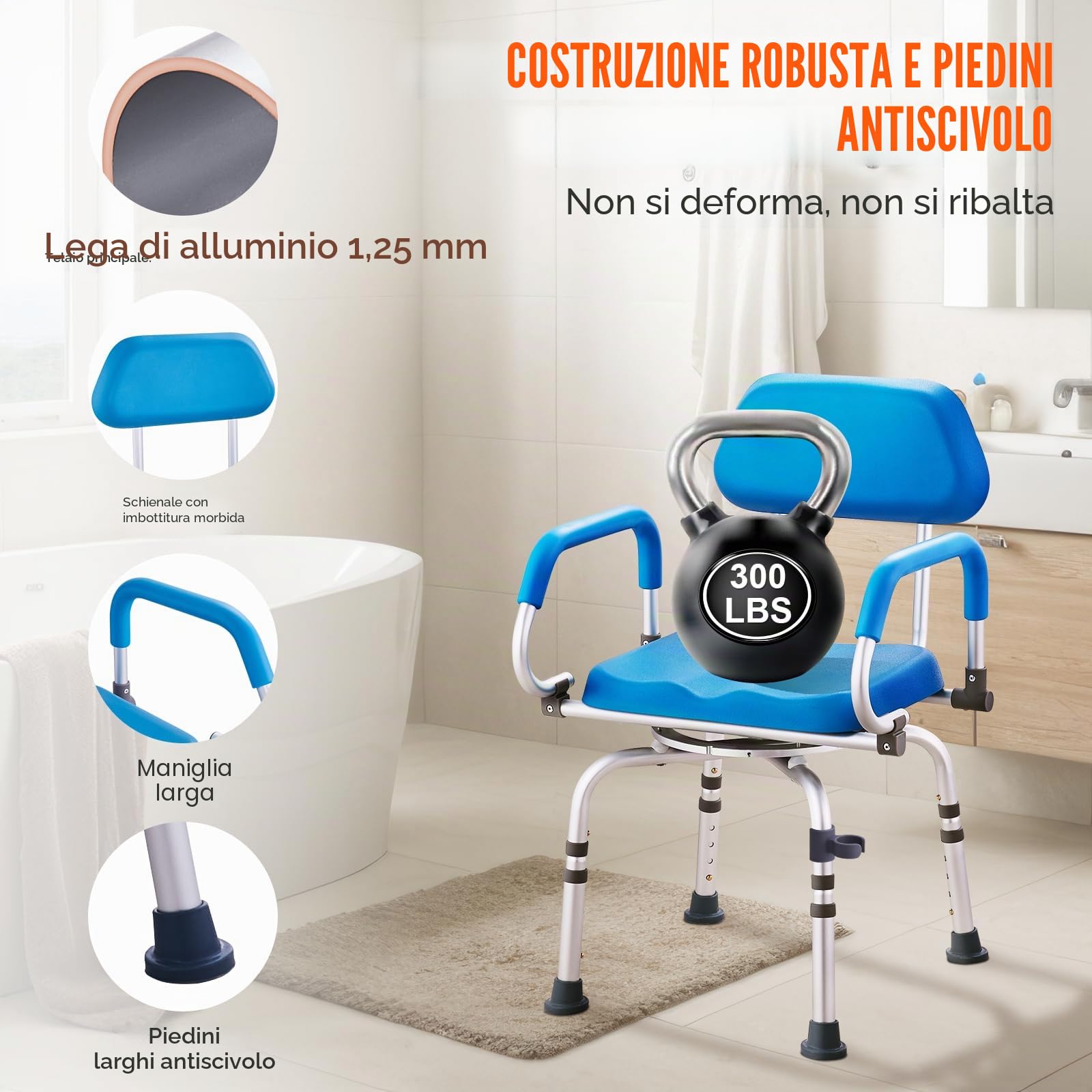 VEVOR Sedia da Doccia Girevole a 360 Gradi, Sedile da Doccia Regolabile con Bracci Girevoli, Sedile Bagno Imbottito per Doccia, Sedia Bagno Girevole Antiscivolo per Anziani Disabili, Capacità 135 kg