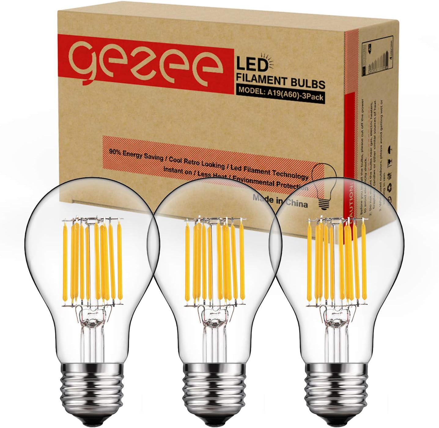 gezee 10W Edison Style Vintage LED Filament Light Bulb, 100W Incandescent Replacement,Warm White 2700K,1000LM, E26 Medium Base Lamp, A19(A60) Antique Shape, Clear Glass Cover,Dimmable(3-Pack)