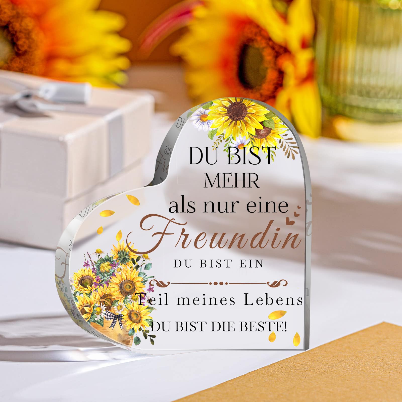 Johiux Beste Freundin Geschenke,Geschenke für Freundin Acryl Herz,geschenk freundin geburtstag Geschenke für Beste Freundin Geburtstagsgeschenk Weihnachtsgeschenke für Freundin. (Sonnenblume)