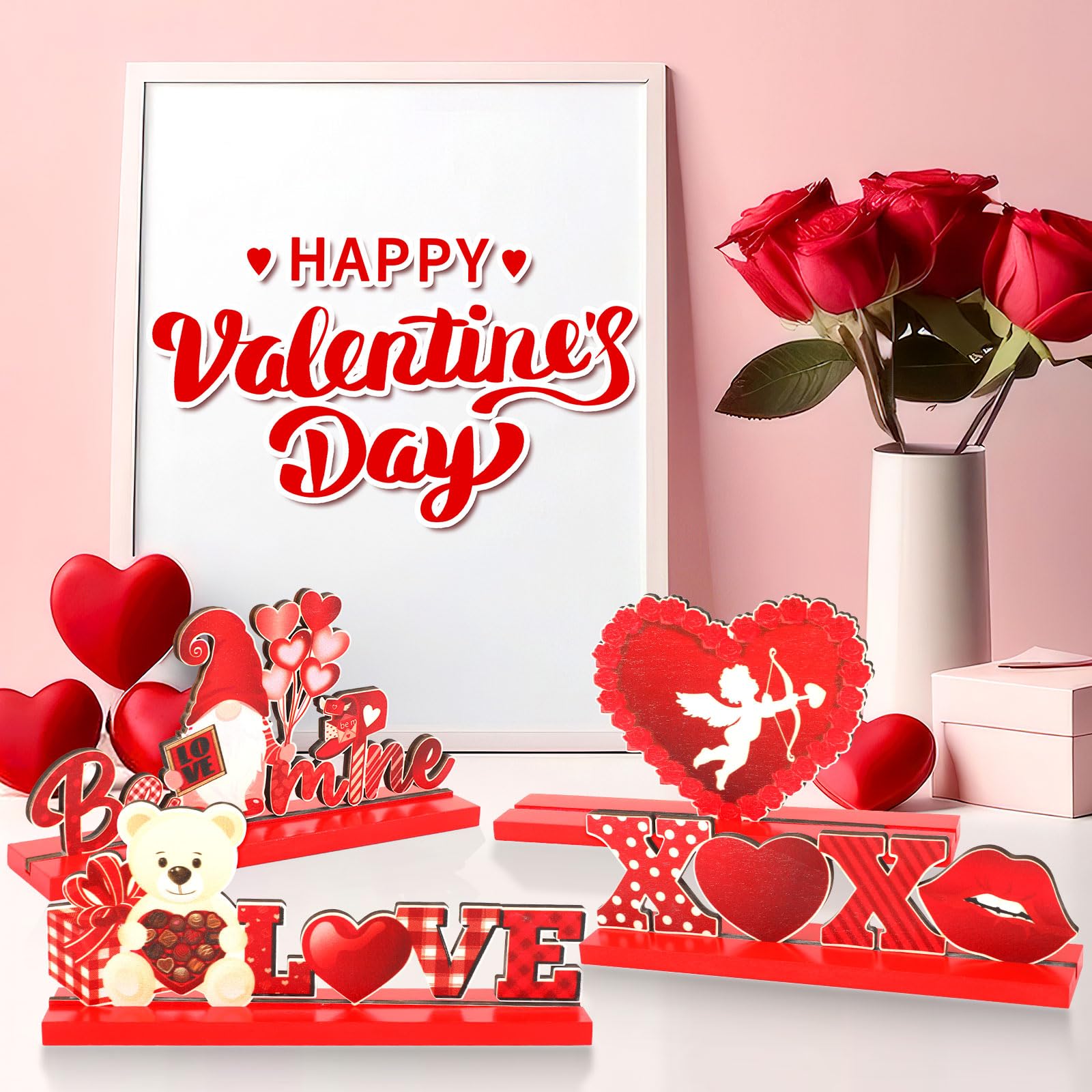 Jansun Paquete de 6 letreros de mesa de madera para el día de San Valentín, centros de mesa de San Valentín, decoración en forma de corazón para fiesta de San Valentín, decoración de mesa de