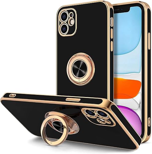 Funda para iPhone 11 con soporte de anillo giratorio de 360 soporte magnético Soporte para automóvil chapado en oro rosa borde antideslizante TPU