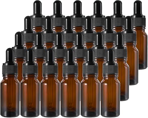 Paquete de 30 botellas de vidrio ámbar de 0.7 fl oz con cuentagotas y tapa negra, botellas de aceite esencial rellenables, envases cosméticos