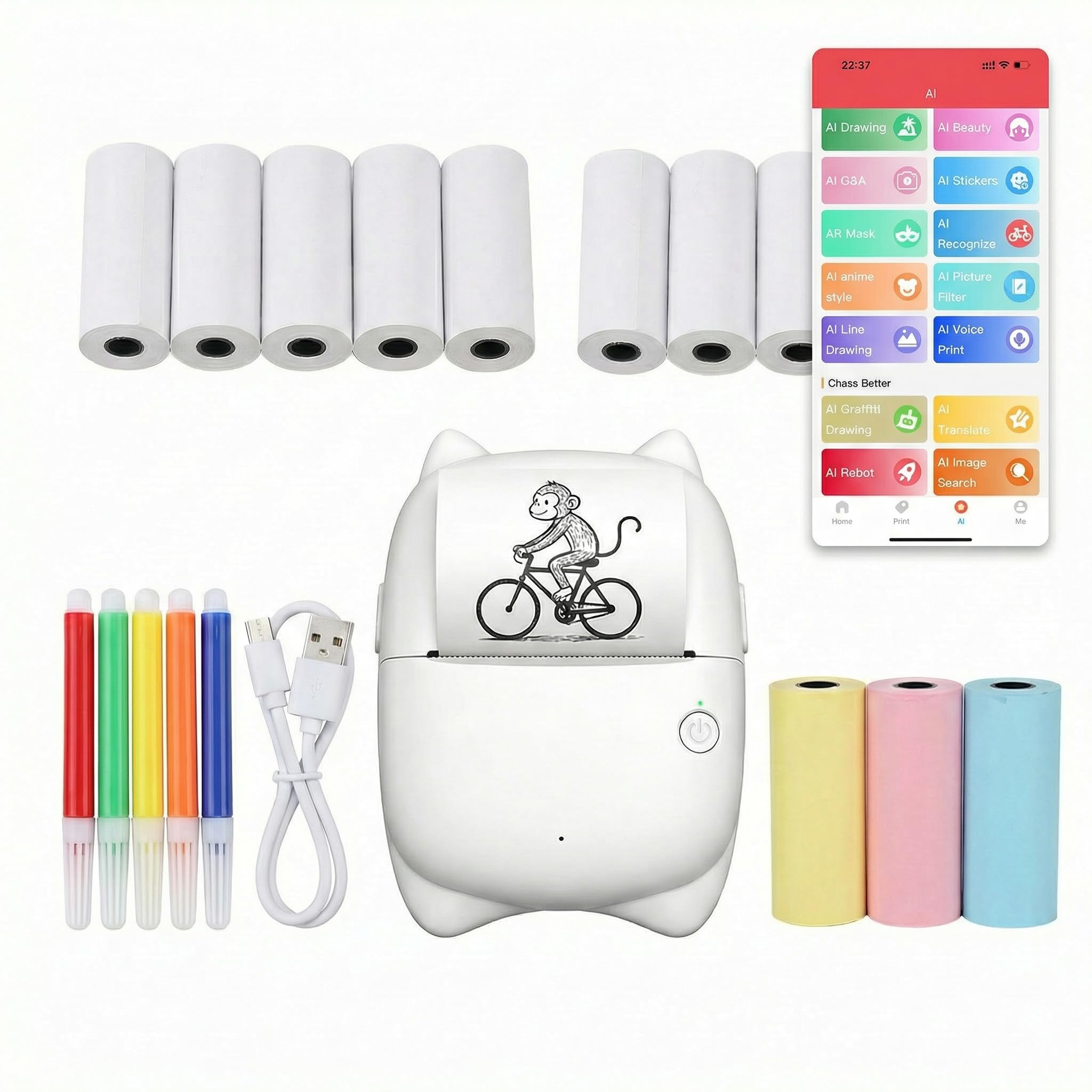 AI Voice Sticker Printer for Kids, Voice-Activated AI Image Generator & Thermal Sticker Maker, 13 Rolls Paper & 6 Pens Included, Portable Inkless Mini Printer for Learning, Journaling & DIY, White