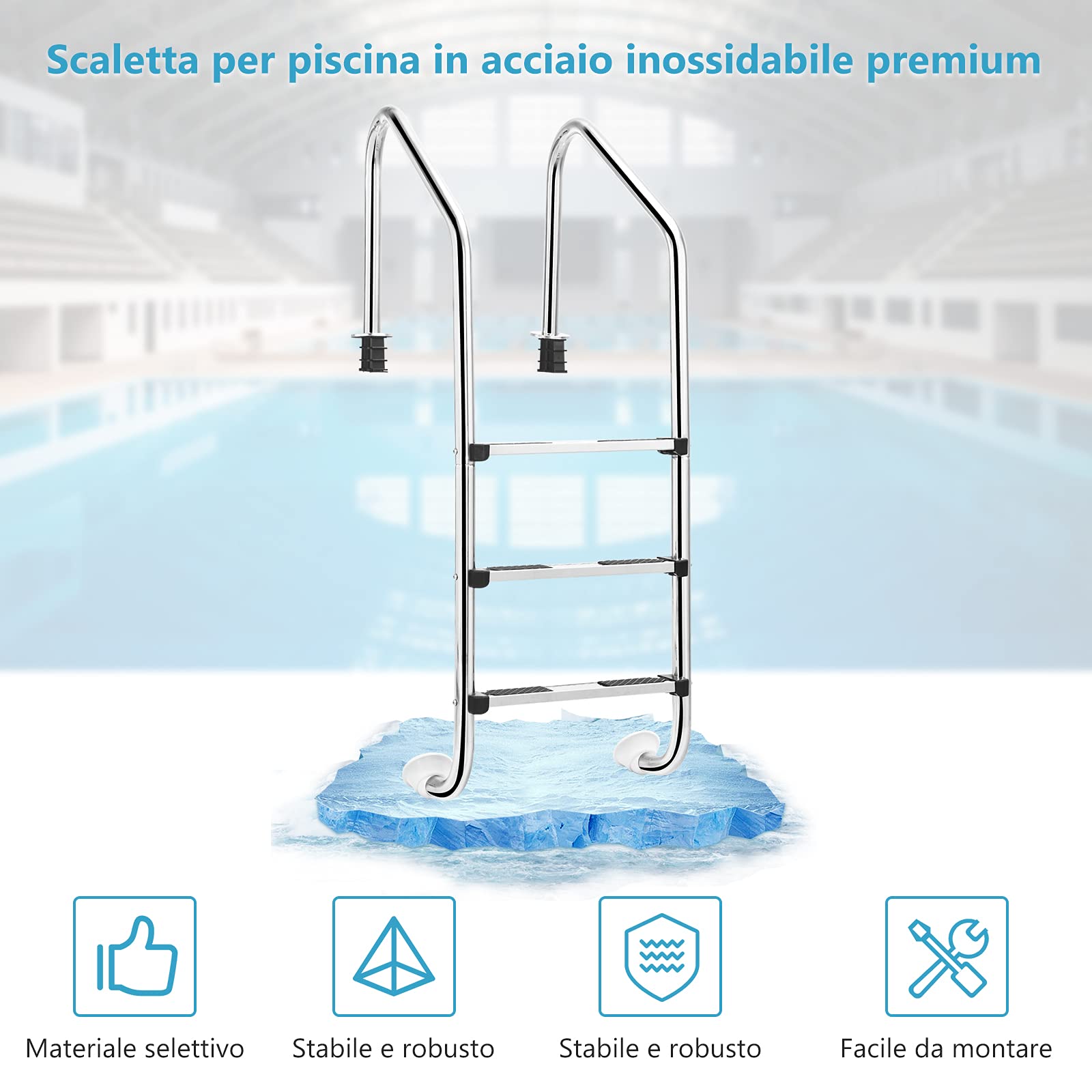 COSTWAY Scaletta per Piscina in Acciaio Inox, Scaletta Piscina con 3 gradini Antiscivolo, con Corrimano Comodo, Capacità di Carico: 150 kg