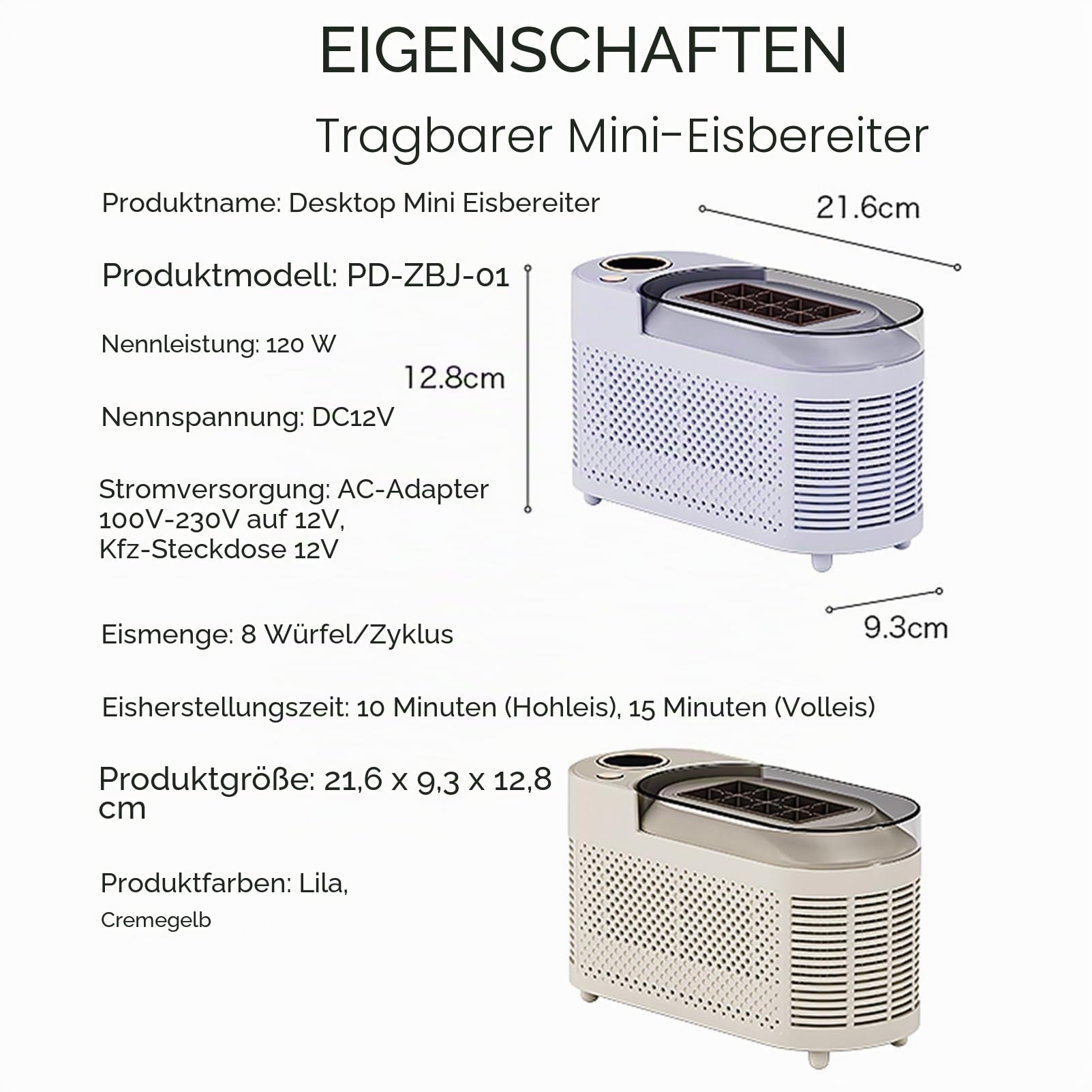 Camping-Eismaschine mit Schnellgefrieren – tragbar for den Heim-/Bürogebrauch, energieeffizienter 120-W-Motor, leichtes Design, problemlose Reinigung(Beige)