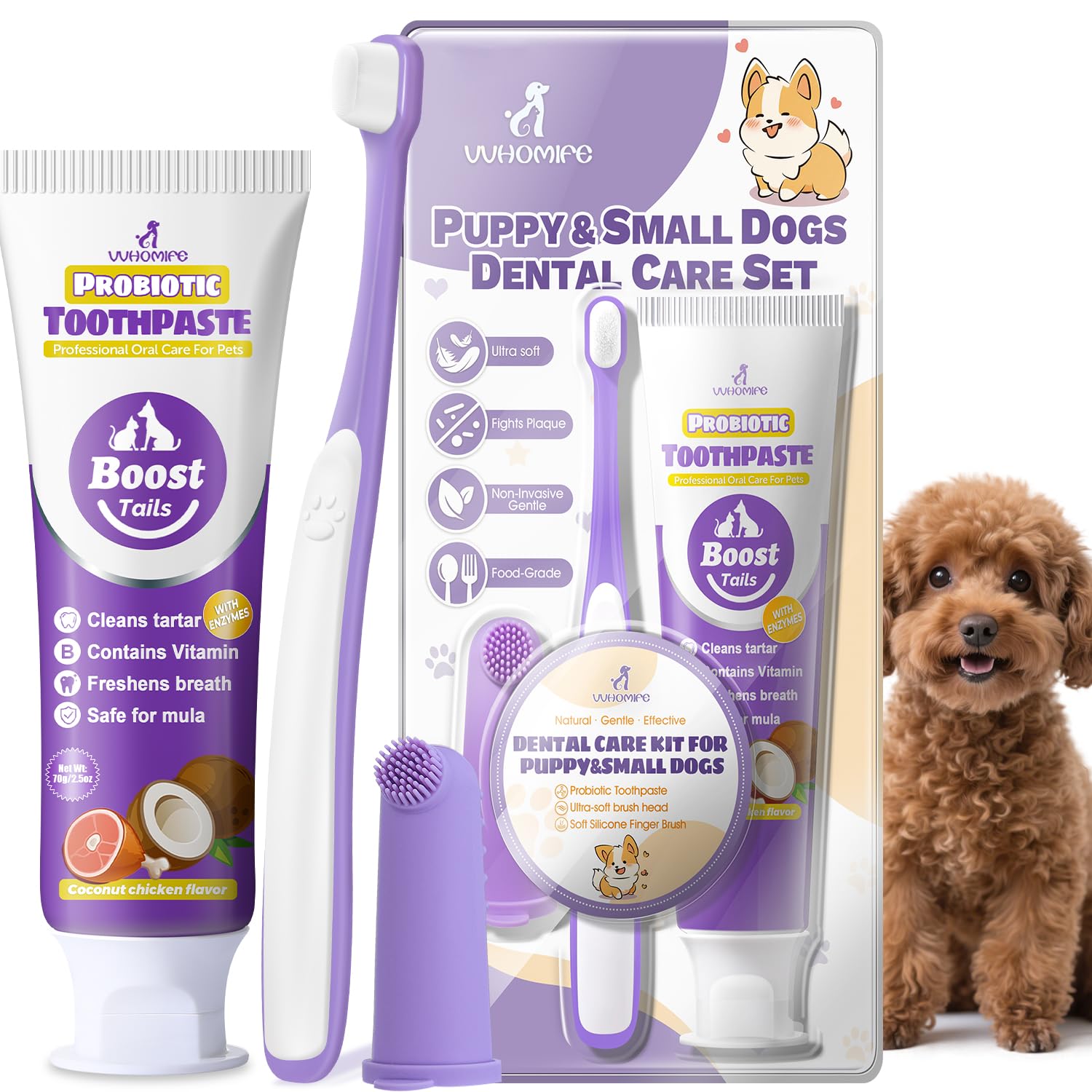 Vet Recommended Small Dog Teeth Brushing Kit - Soft Brush and Finger Brush removes 99% of Plaque, Natural Coconut Chicken-Flavored Toothpaste 2.5 oz. for Fresh Breath