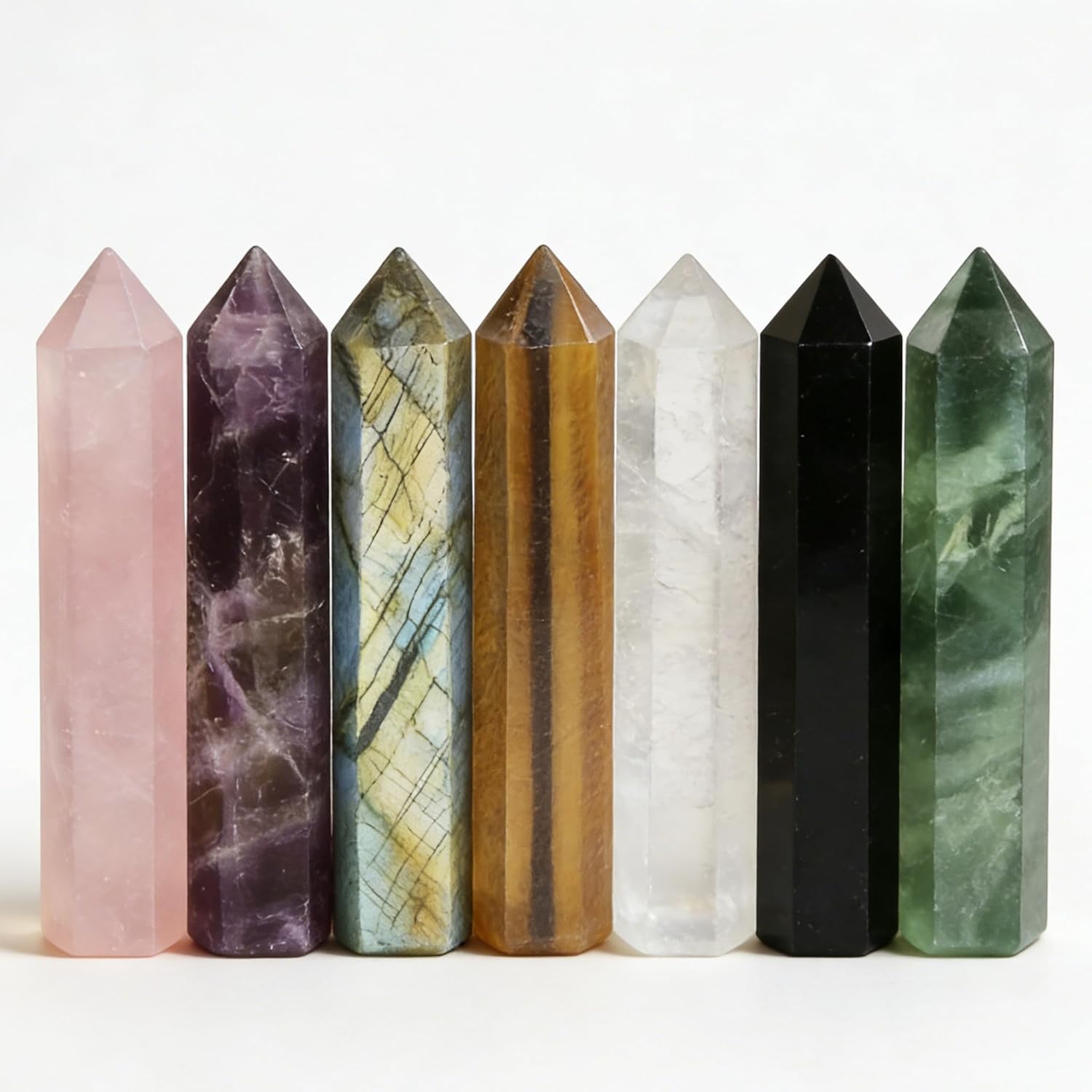 AierCrystal 7pcs Natural Crystal Point Wand Set,Hand-Finely Polished,Meditation Healing Purification,Full-Scenario Decoration Display for Home Office,Holiday Gifting(7-8cm Crysta Wand 7pcs)