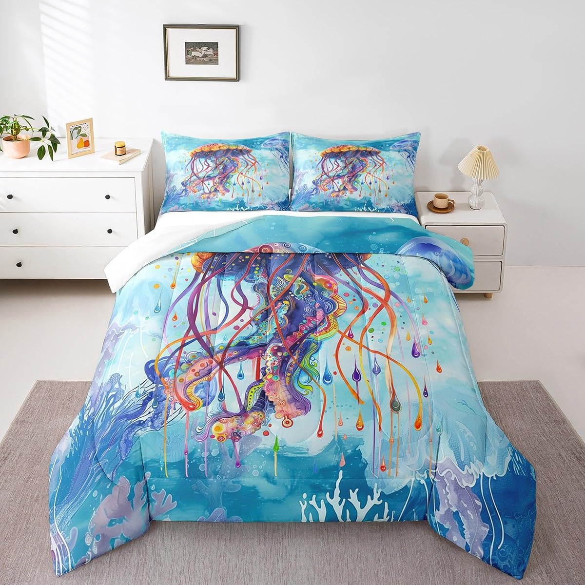 Castle Fairy Ocean Sea Creature Bed Comforter Set Queen Size,Marine Life Sealife Super Soft Microfiber Bedding Set for Adults Men,Jellyfish Watercolor Decorative Comforter Set,3 Pcs