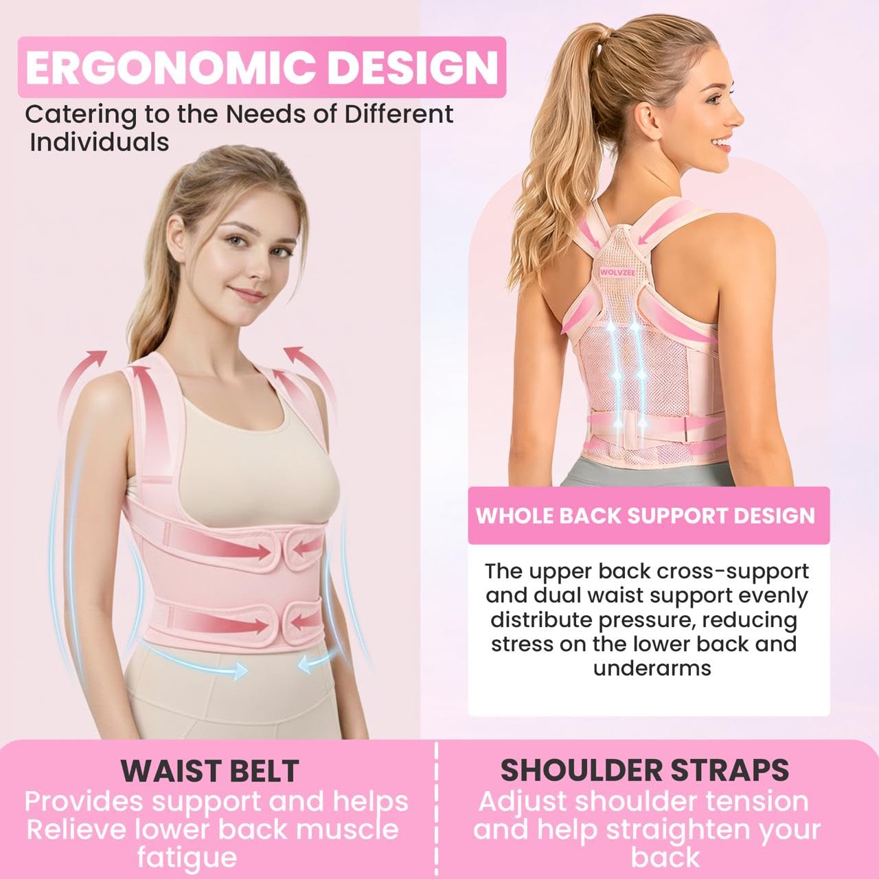 Posture Corrector for Women with Resistance Band | Lightweight Adjustable Back Brace for Uper and Lower Back |Hunchback,Spine Corrector| shoulder and Neck ,Slouch Support Pink, Large ,Waist :34"-42") - Image 4