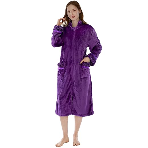 PAVILIA Womens Housecoat Zip Robe, Fleece Zip Up Front Robe Bathrobe, Plush Warm Zipper House Coat Lounger for Women Ladies Elderly with Satin Trim, Pockets, Long - Purple (Small/Medium)