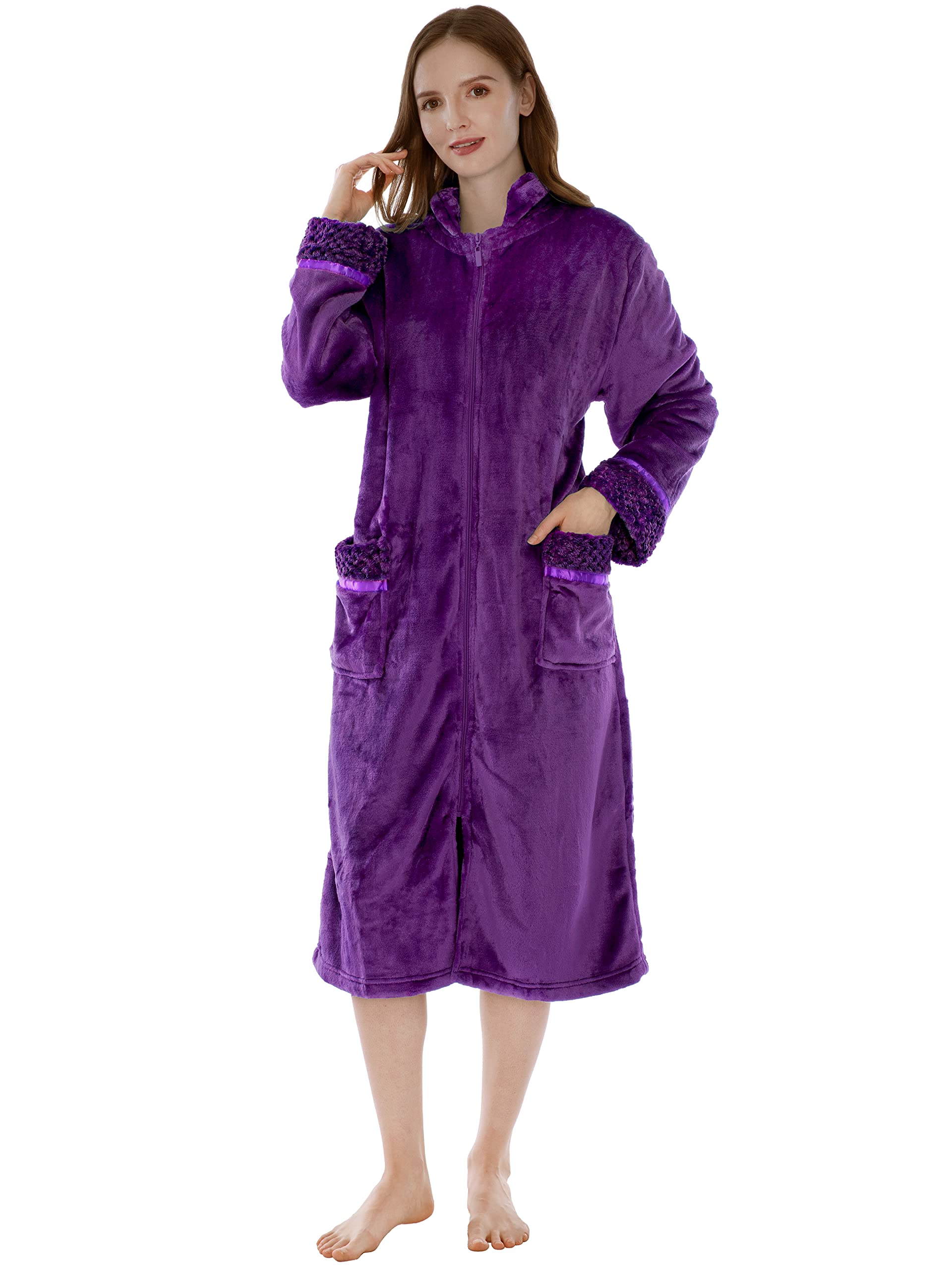 PAVILIA Womens Housecoat Zip Robe Fleece Zip Up Front Robe Bathrobe Plush Warm Zipper House Coat Lounger with