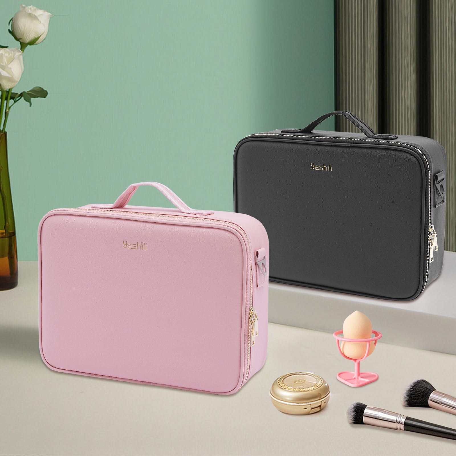 Make-up Tasche Mit LED Spiegel, große Kapazität Make-up Tasche Werkzeug Aufbewahrungstasche, Make-up Pinsel, Kosmetik Aufbewahrungsbox Tragbar Zwei Farben (rosa)