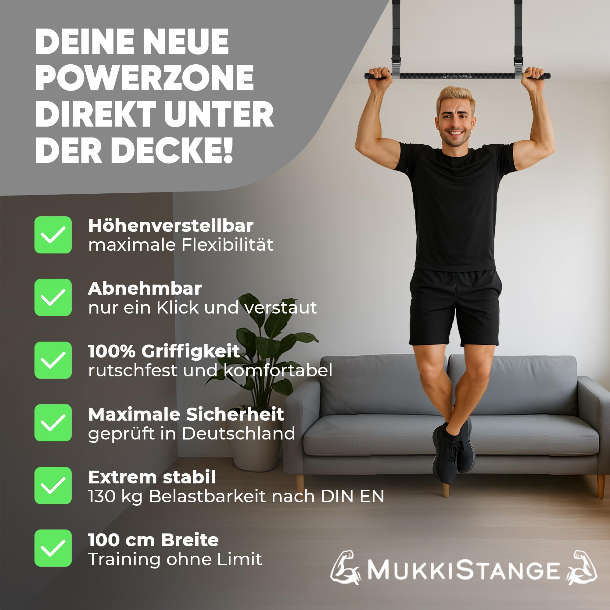 Klimmzugstange Decke, abnehmbar, höhenverstellbar, griffig, platzsparend, verstaubar, zum Aufhängen, geprüftes Fitnessgerät für Zuhause, sichere Pull-Up Bar mit Beinfreiheit