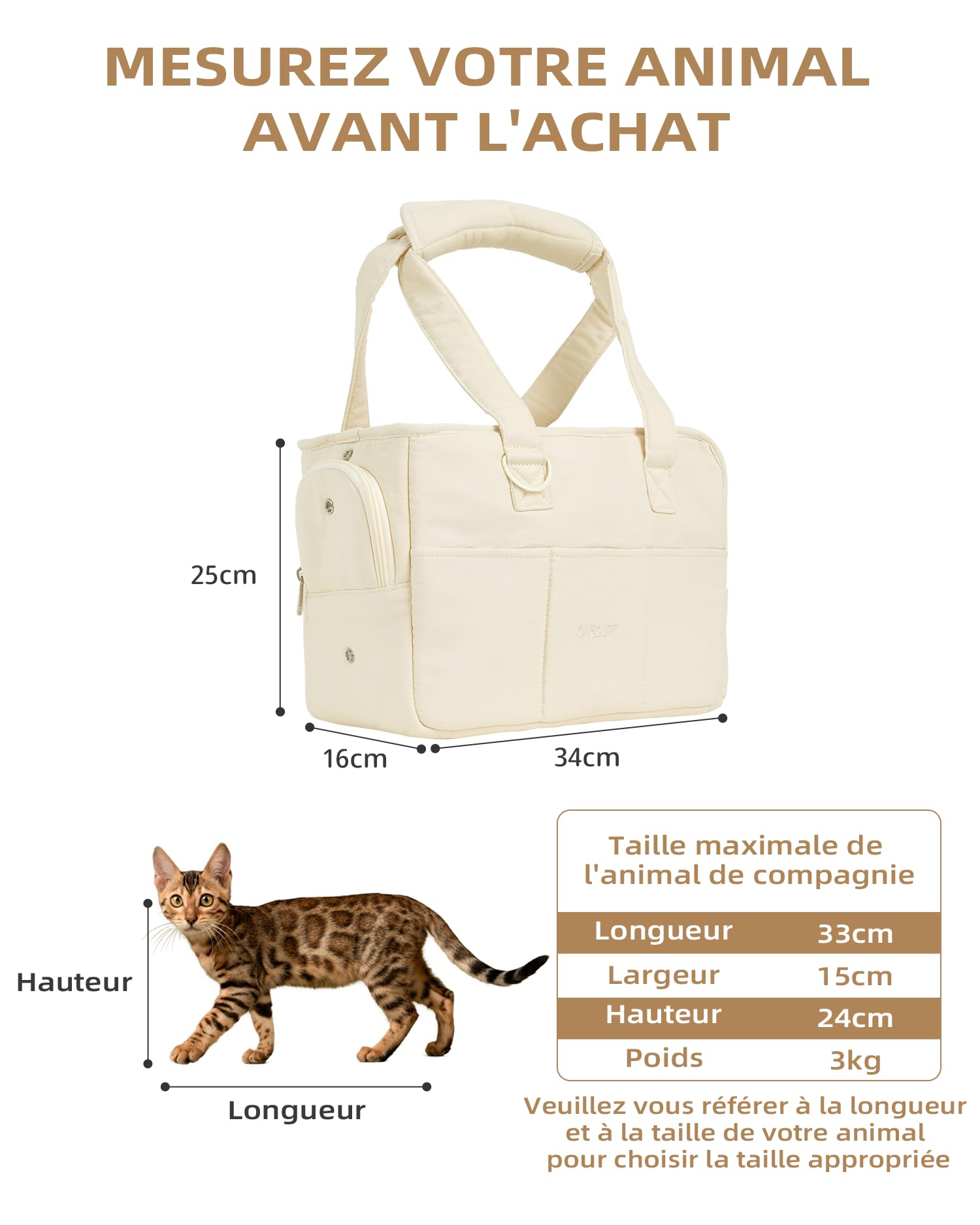 ONECUTE Borsa da trasporto per gatti e cani e cuccioli, traspirante e pieghevole, borsa da viaggio, borsa a tracolla per cani per piccoli animali, capacità di carico fino a 3 kg (piccolo, beige)