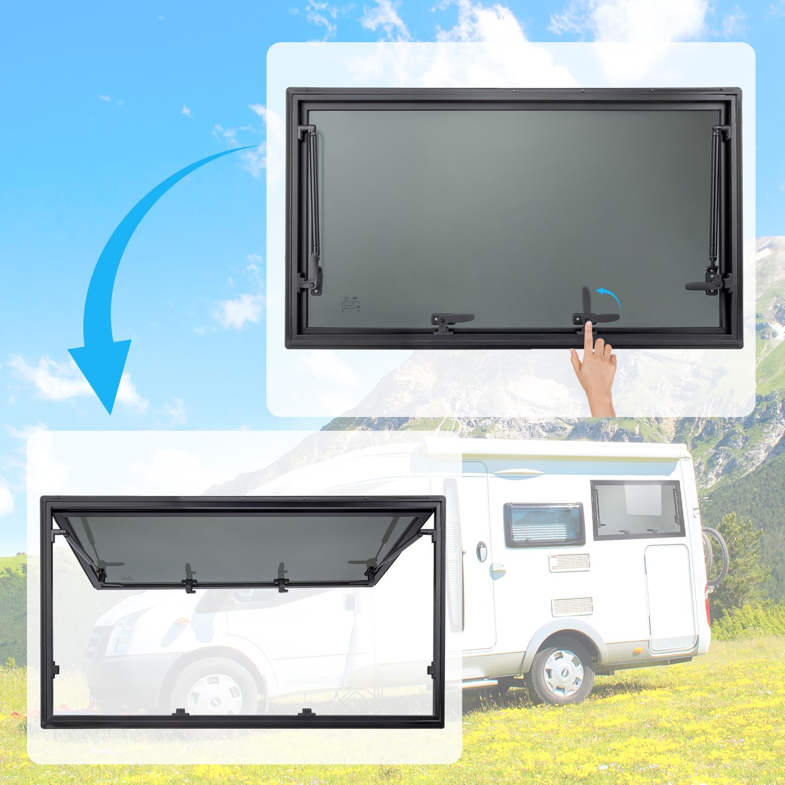 Ausstellfenster Camper 900x500mm, Wohnmobilfenster Seitenfenster mit integriertem Rollo & Fliegengitter, RV Push Fenster für Van, Camper & Wohnwagen Fenster