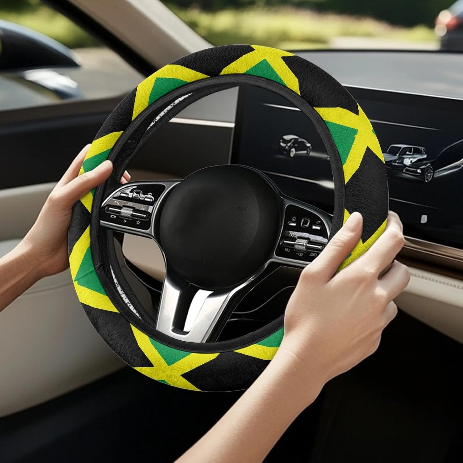 Jamaican Flag Steering Wheel Cover Universal 15 Inch, Sweat Absorbent Anti-Dirty Automotive Steering Wheel Protectors image 2