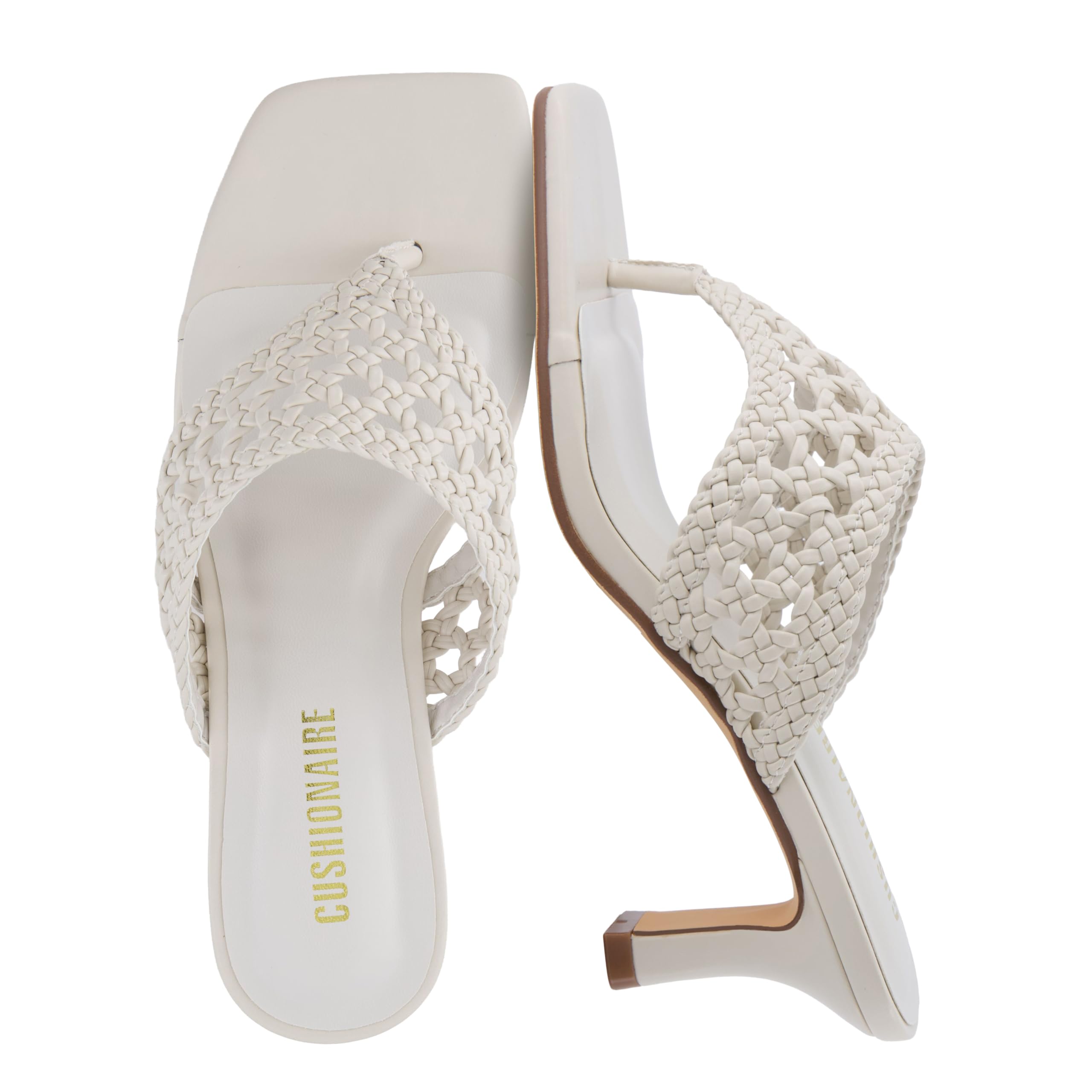 CUSHIONAIRE Spryte Flared Kitten Heels for Women, Square Toe Thong Heeled Sandals with Woven Braided Strap and Slip On Mule Style