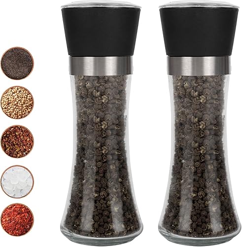 Molinillo de pimienta, molinillo de sal recargable (paquete individual) molinillo de pimienta negra de grosor ajustable, salero marino de acero