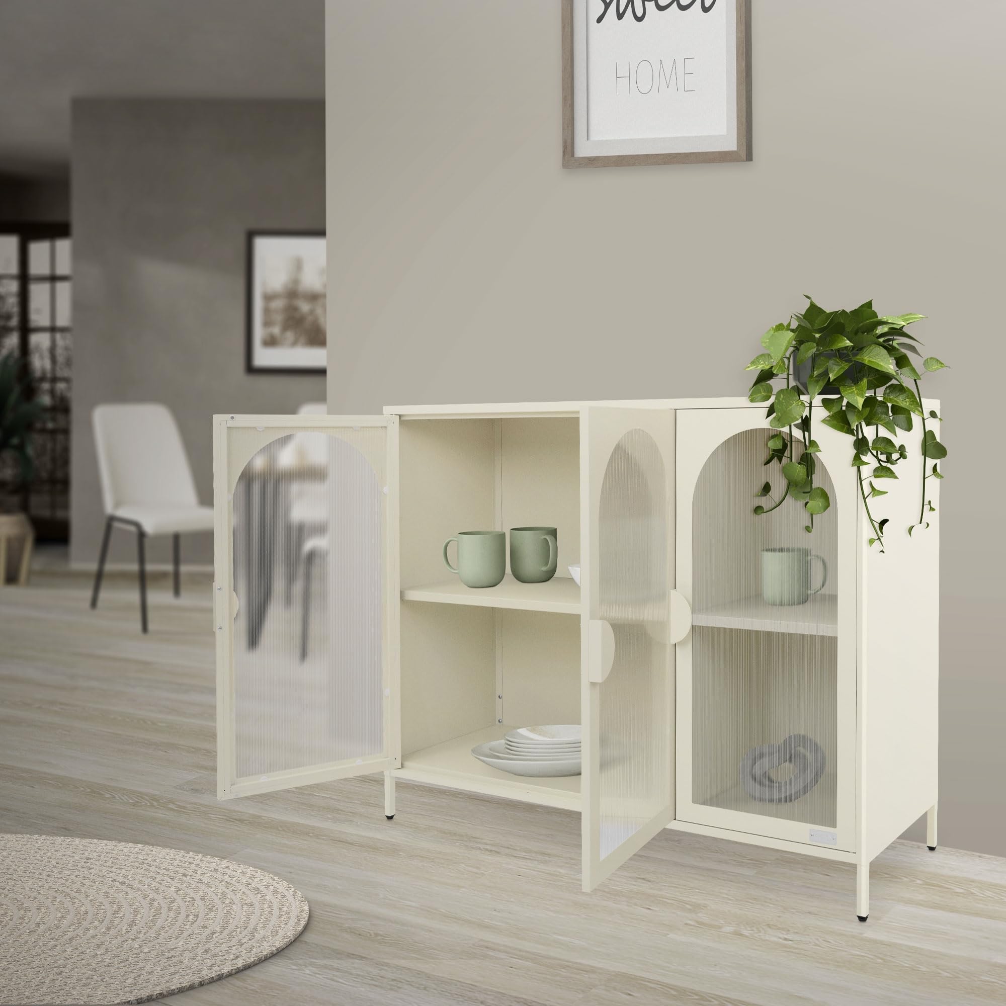 ML-Design Vitrinenschrank 120x93x40 cm aus Stahl, Creme, Sideboard mit 4 Ablage-/Regalfächer & 3 Türen, Metall Kommode mit verstellbaren Füßen, Vitrine, Highboard, Aufbewahrungsschrank für Wohnzimmer