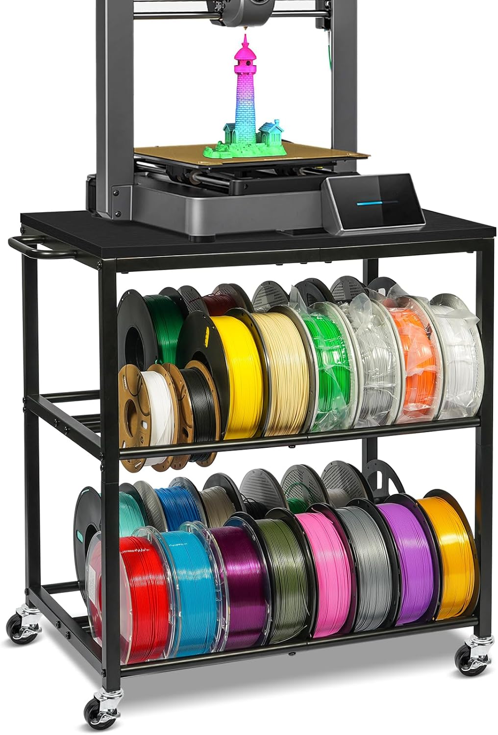 ikkle 3D Printer Filament Storage Rack with Wheels Heavy Duty, 3-Tier Metal Filament Spool Holder, 3D Printer Filament Stand for PLA/ABS/TPU/Nylon, Filaments Organzied for 3D Printing Station, Office Black