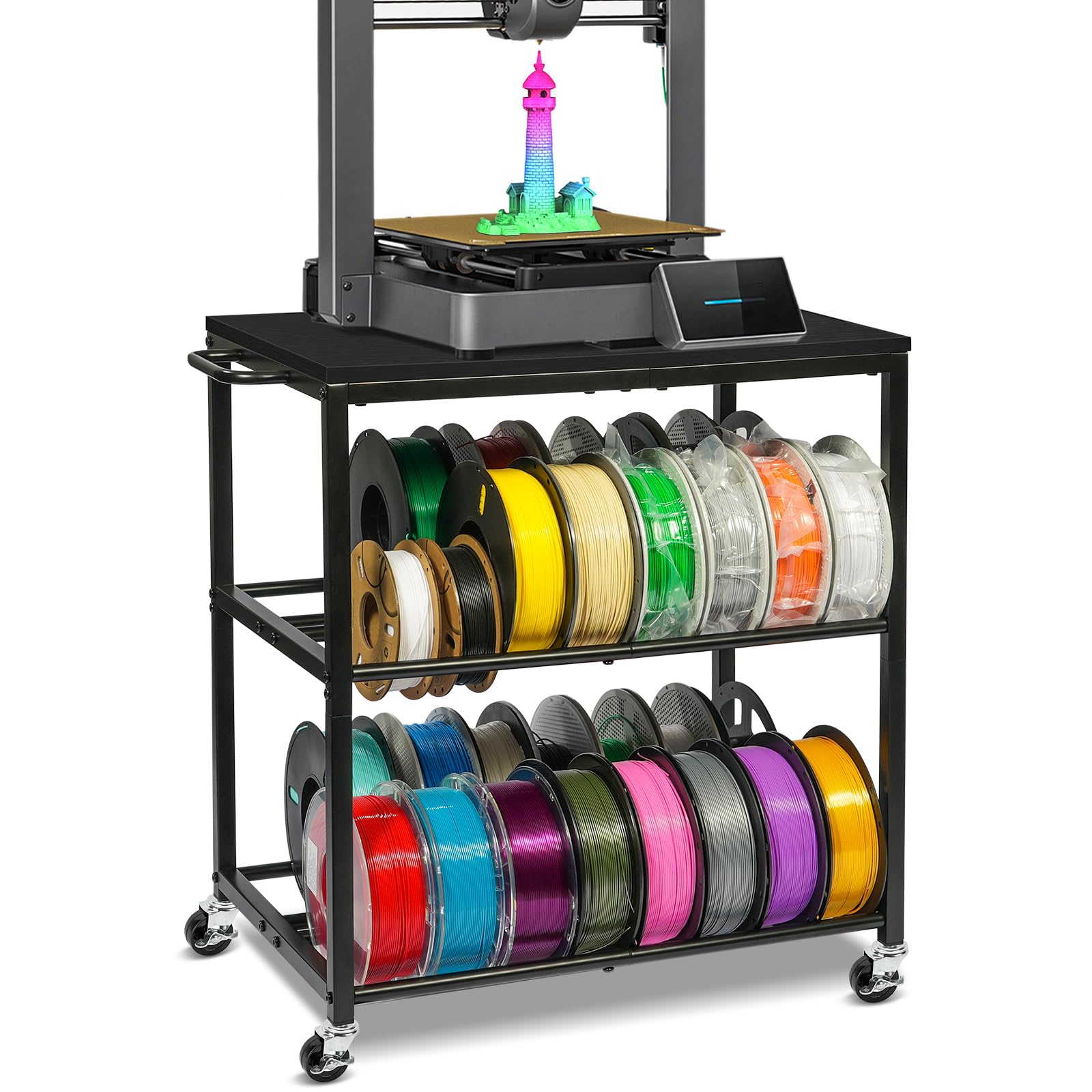 ikkle 3D-Drucker Filament Lagerregal mit Rädern – Schweres Metall Spulenhalter, 3-Etagen 3D Druckerzubehör Organizer für PLA/ABS/TPU/Nylon – Für 3D-Druckstation, Büro & Werkstatt, Schwarz