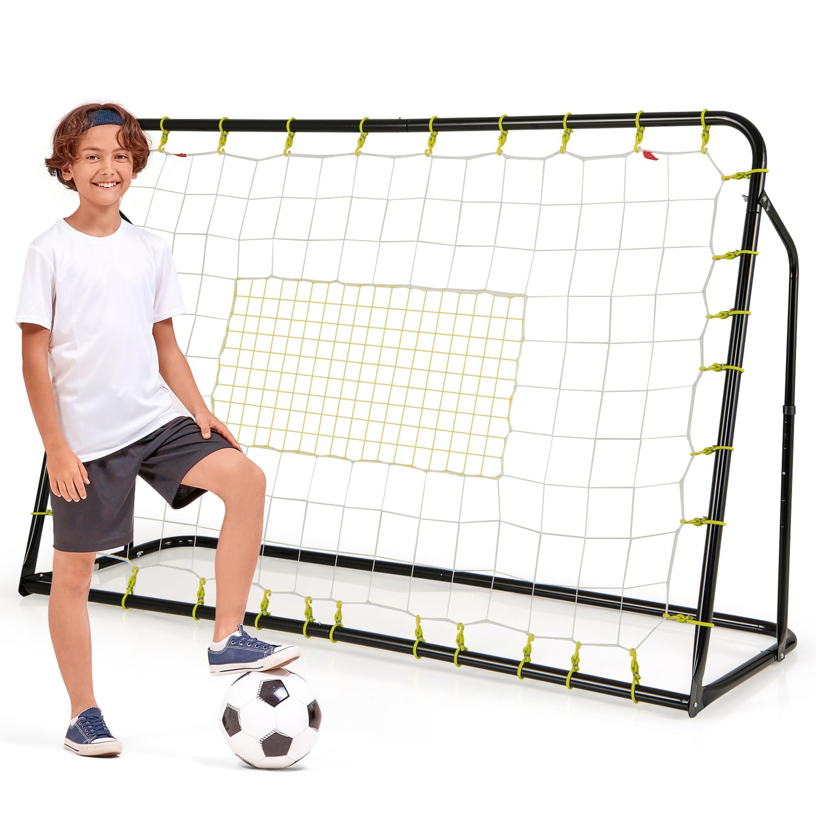 GYMAX 2 in 1 Football Rebounder Net, 6FT x 4FT Soccer Trainer Equipment with 5 Adjustable Angles and Shooting Auxiliary Area, Football Net Soccer Goal for Skills Training