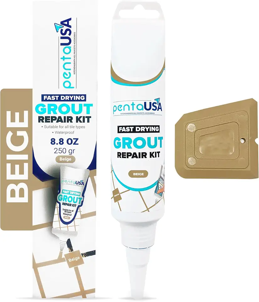 PentaUSA Tile Grout Repair Kit - Beige Grout Filler, Triple Protection, Fast Drying Formula Restores and Renews Joint Lines with Scraper (Beige, 8.8oz / 250gr)