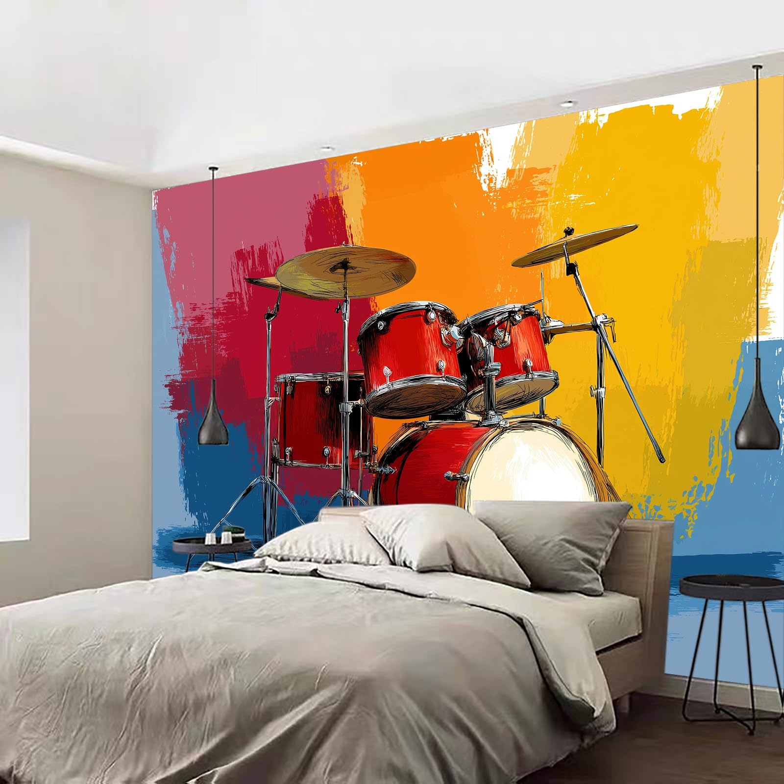 Papel pintado panorámico Dibujos Animados Música Batería, papel pintado estilo pintor extraíble - mural fácil de colocar - Decoración de pared para sala de estar, dormitorio infantil, 350 x 256 cm (L