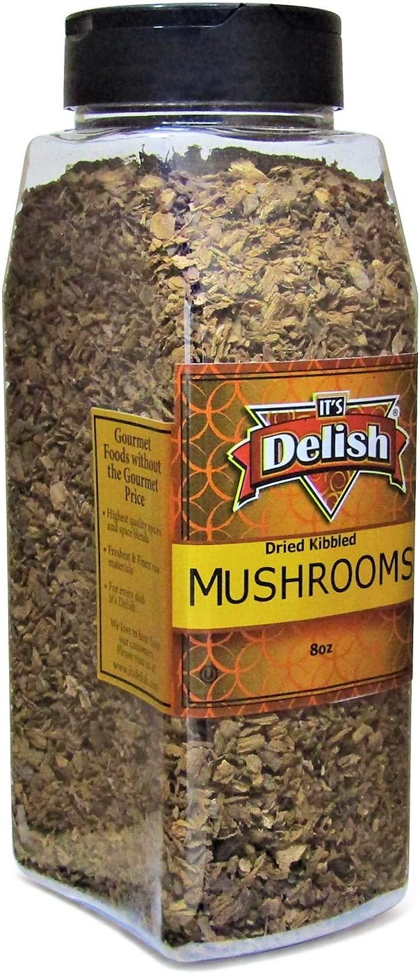 Dried Mushroom Kibble by Its Delish, 8 Oz Large Jar | Dark Chilean Dehydrated and Chopped Boletus Luteus Mushrooms for Cooking and Flavoring