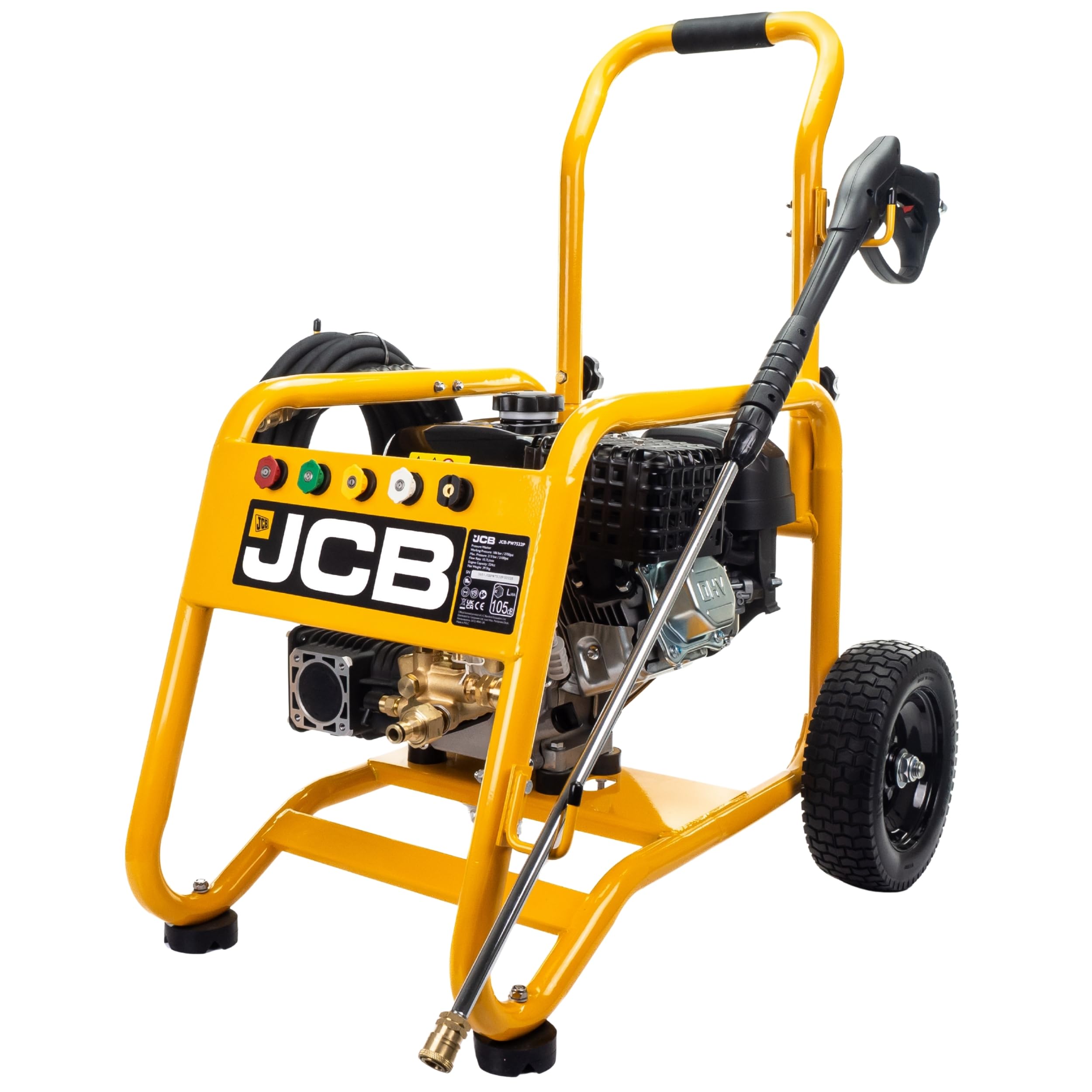 Jcb Yellow Petrol Pressure Washer, 3100Psi / 213Bar, Powerful 7.5Hp Petrol Engine, Triple Ar Pump, Quick Release Connectors With 5 Nozzle, Puncture Proof Tyres, 3 Year Warranty