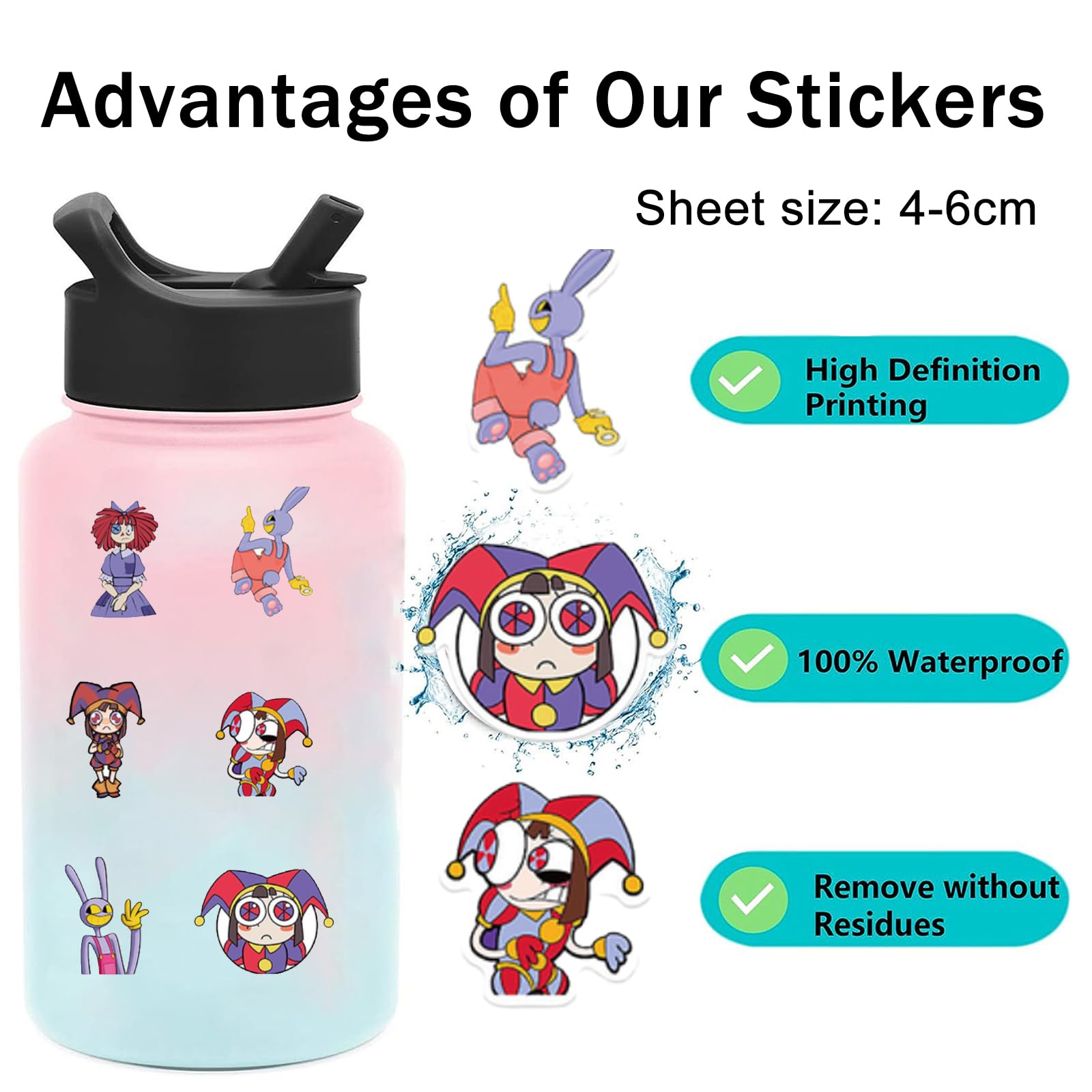 EDLMKM 56 pcs The Amazing Circus Stickers, Cute Stickers Pack, Waterproof Vinyl Sticker Decals, for Laptop, Skateboard, Water Bottles, Computer, Phone, Guitar, Vinyl Decals for Kids, Toddlers, Teens, — view 3