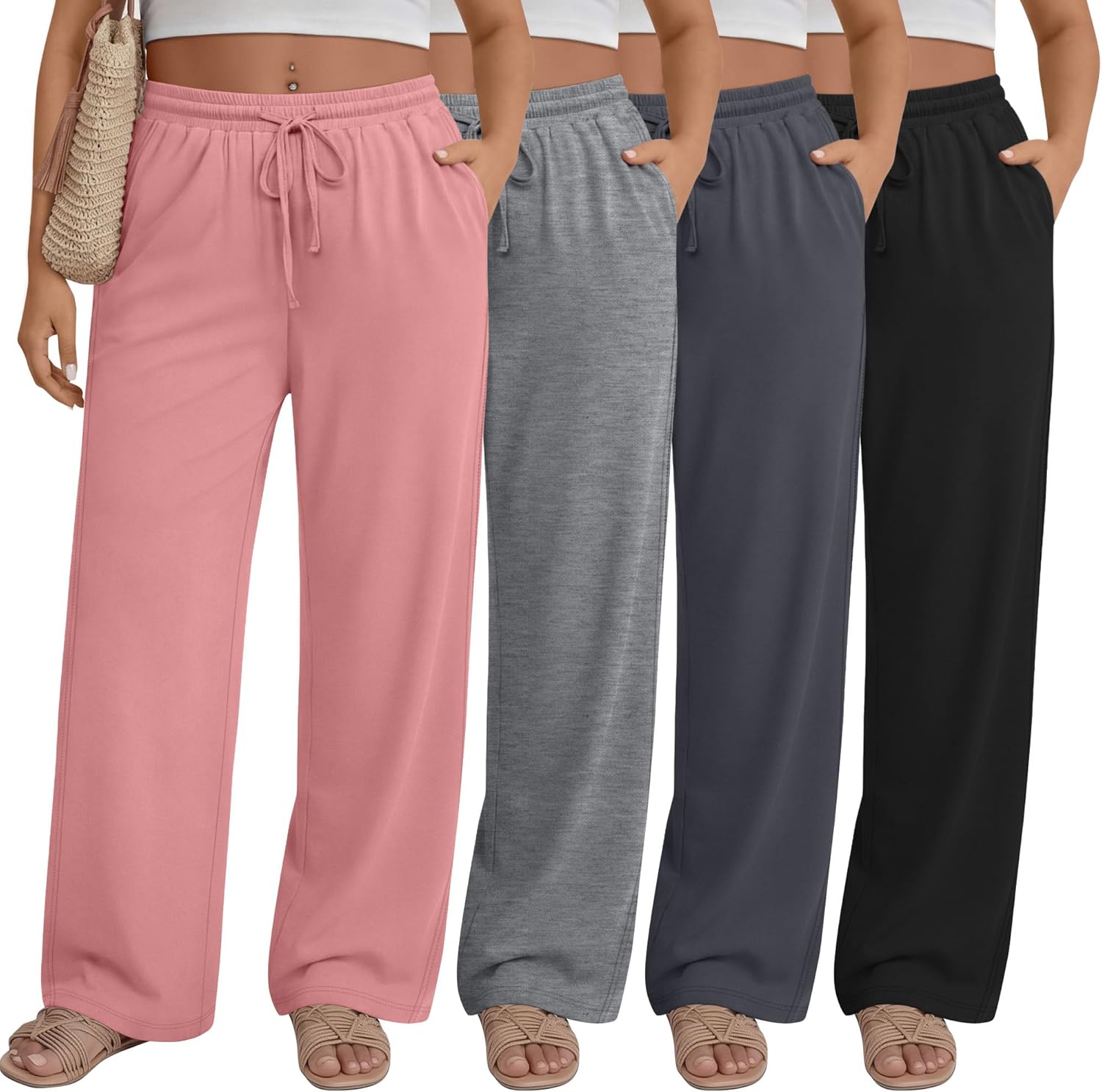 4 Pack Women's Plus Size Pants Wide Leg Yoga Pants Elastic Waist Drawstring Sweatpants Pocket Lounge Casual Jogger