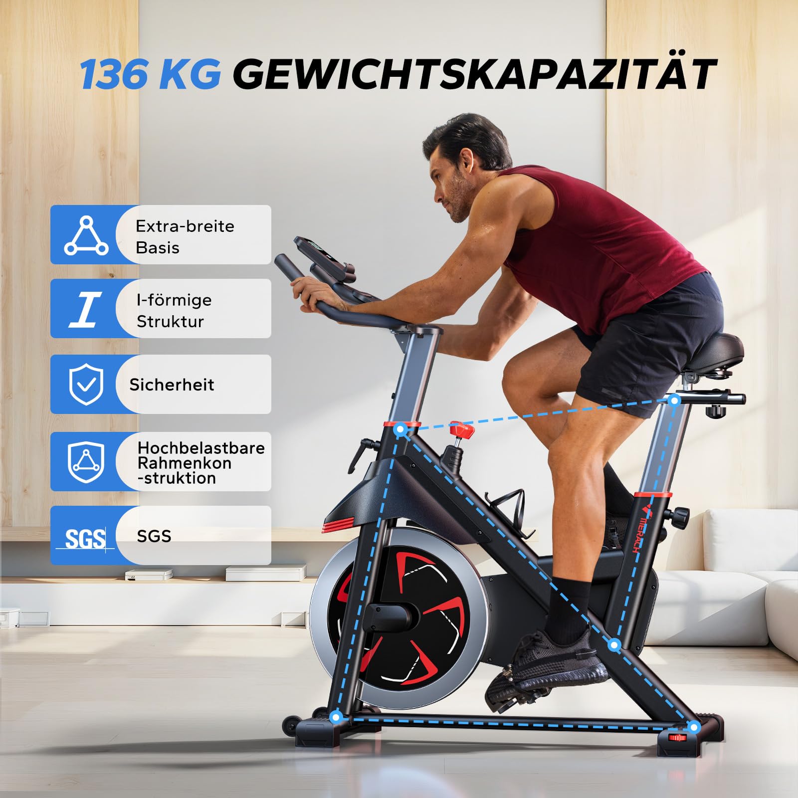 MERACH Heimtrainer Fahrrad mit Eigener App, Leises Hometrainer Fahrrad mit 16-facher Magnetwiderstand, Stoßdämpfender Luftkissensattel, Indoor Cycling Bike mit LCD-Monitor, für Kardiotraining zu Hause