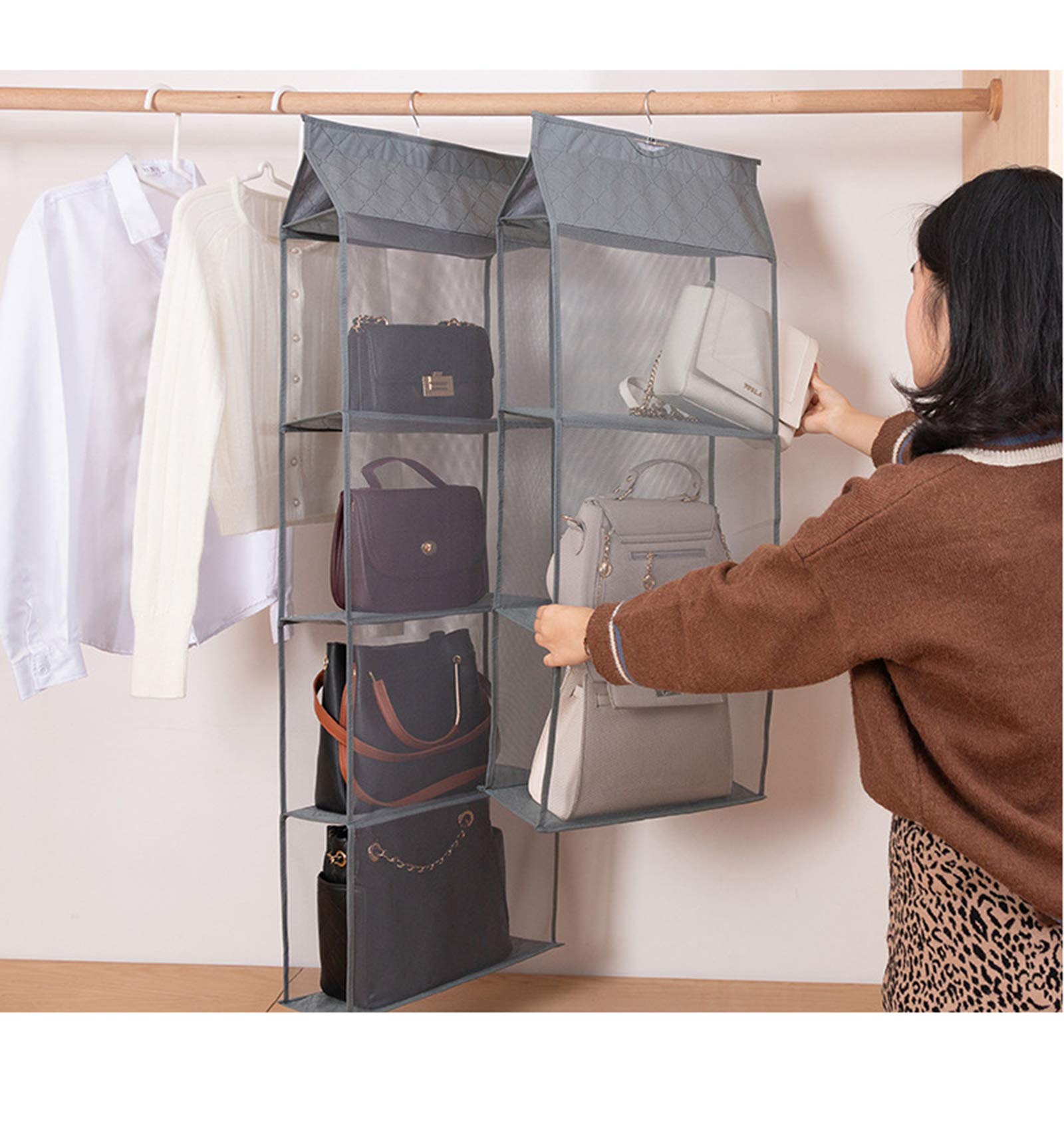 DXI 2 Pcs Organizador del Armario Plegable, Organizador para Colgar Bolsos de 4 Bolsillos, Transparentes Bolsos de Mano para Sala de Estar, para Armario Familiar, Dormitorio, Gris