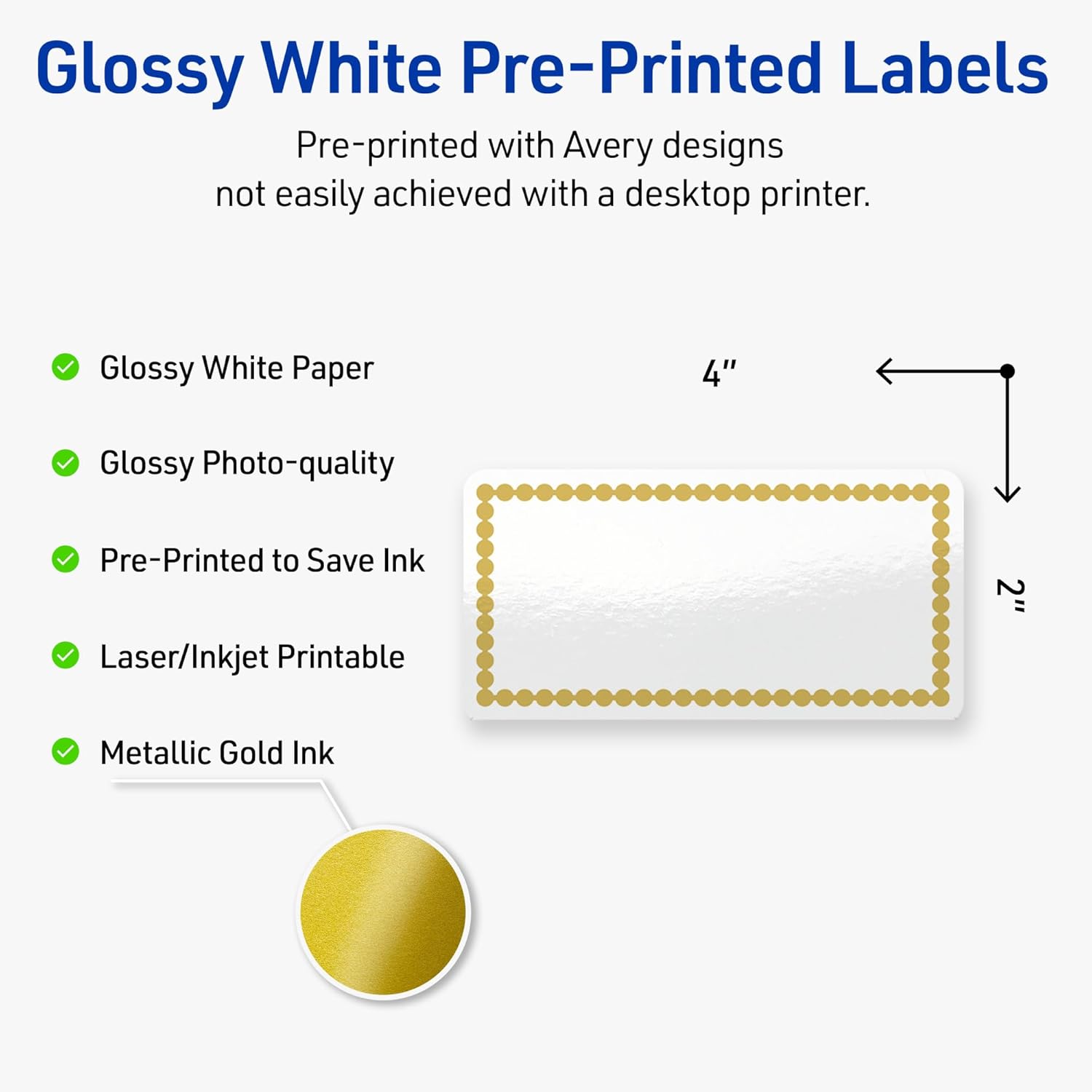 Avery Printable Shipping Labels, 2" x 4", Glossy White Labels with Gold Beads Design, Permanent Adhesive, Laser & Inkjet Compatible, 100 Total, Great for Shipping, Branding, and Weddings