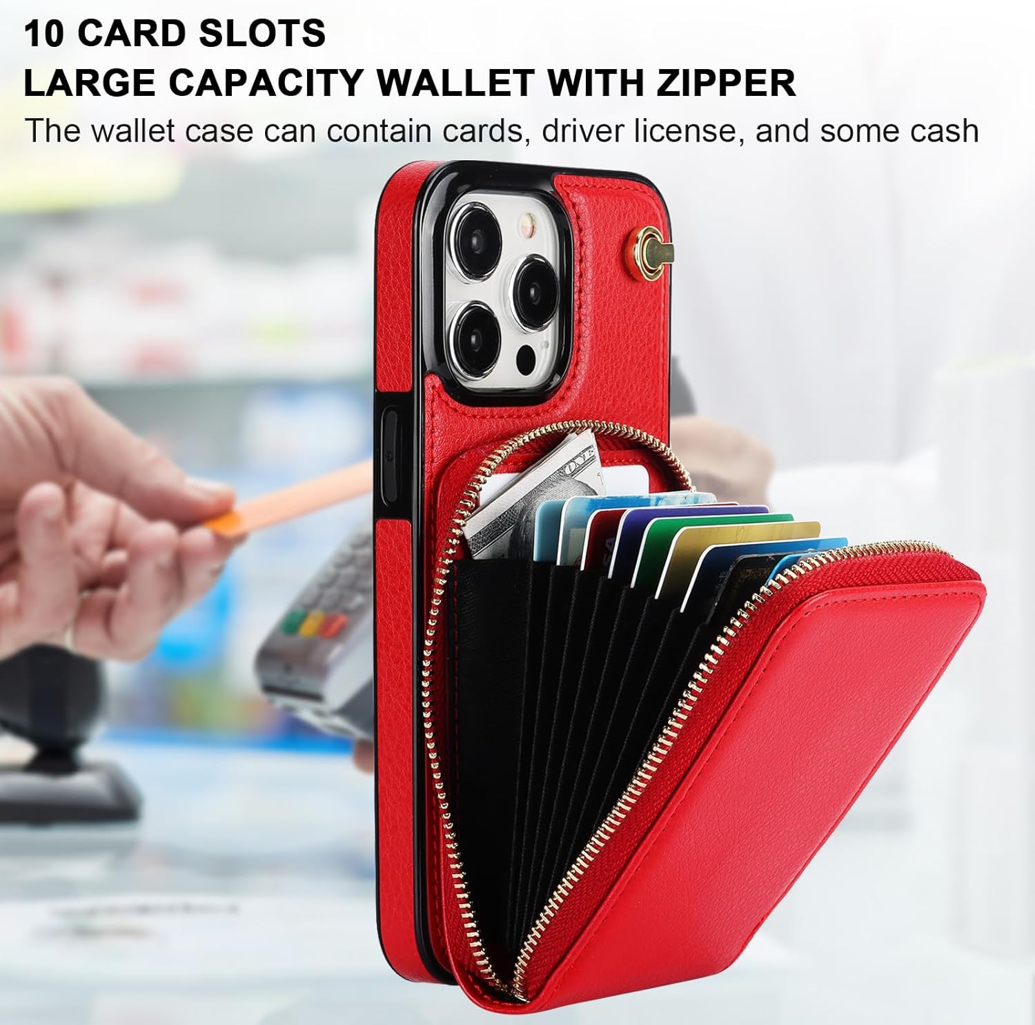 KIHUWEY Crossbody Wallet Case for iPhone 15 Pro Max, Zipper Pocket Case with Card Holder, PU Leather RFID Blocking Protective Cover with Kickstand and Detachable Wrist Strap Lanyard - 6.7" (Red)