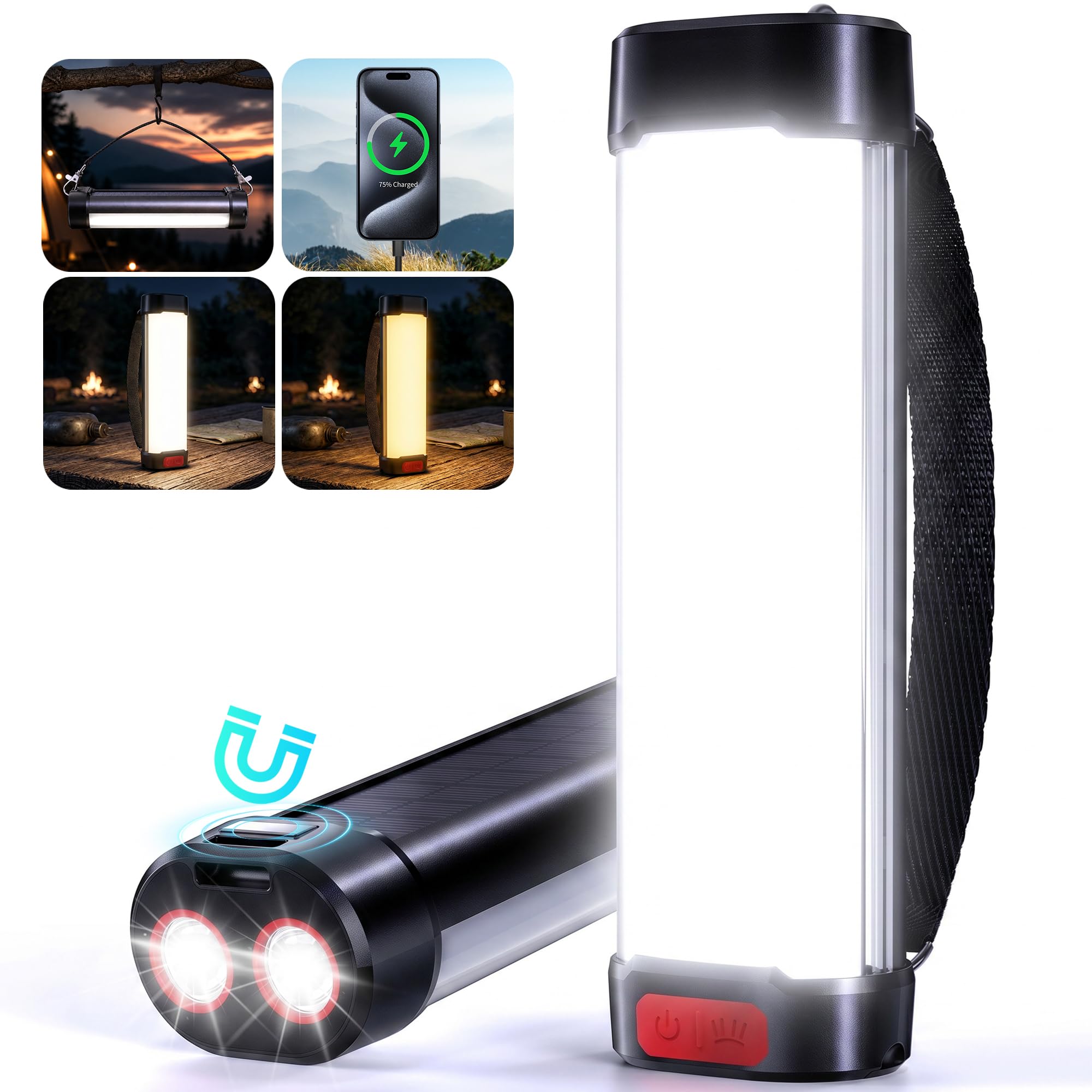 Linterna solar de camping de 1800 lm y luz magnética para tienda de campaña con 6000 mAh, tiempo de funcionamiento de 60 horas, linterna de 13 modos, equipo de supervivencia de emergencia impermeable